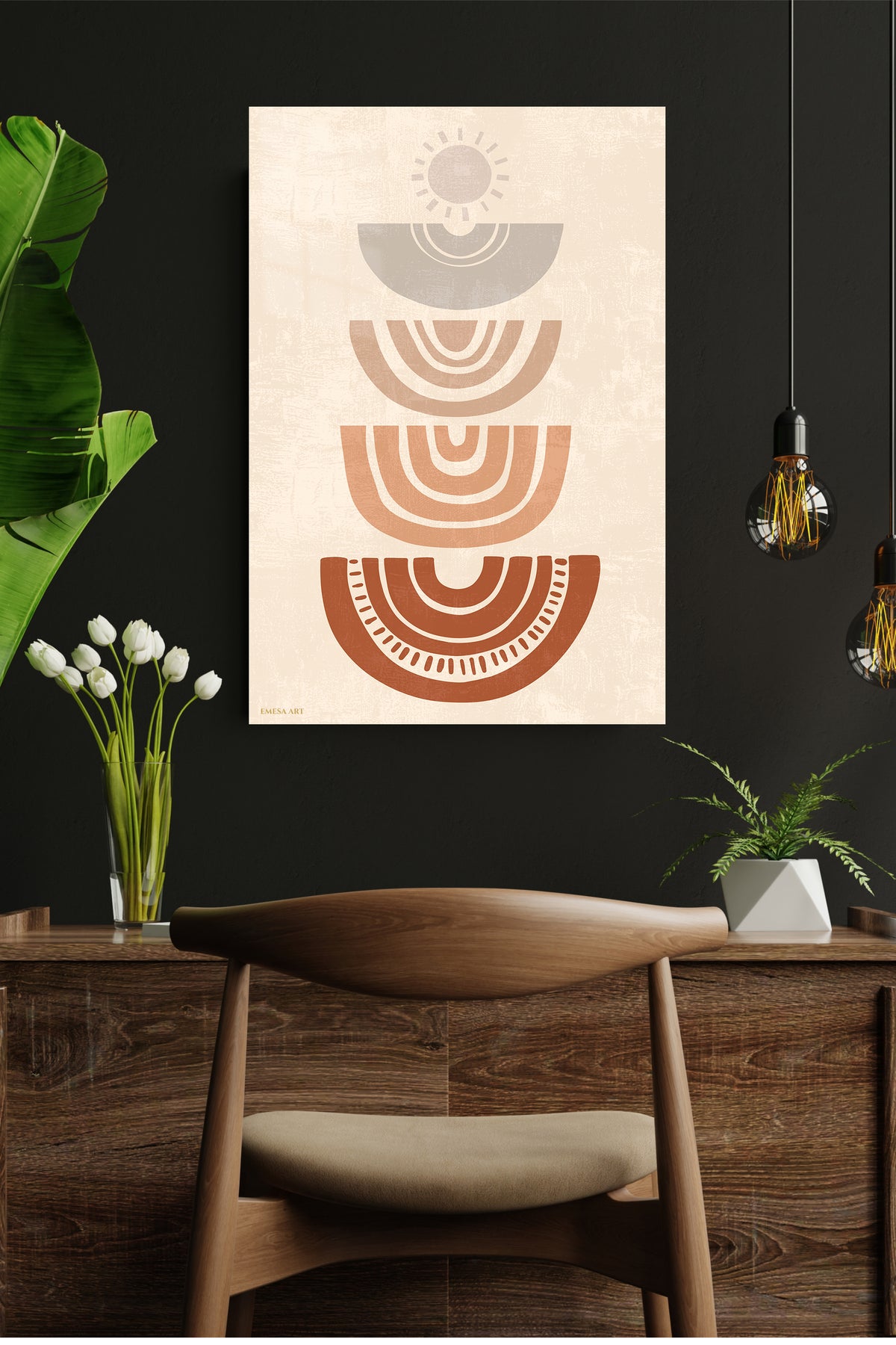 Earthy Sun Arc Composition metal wall art displayed in a modern interior