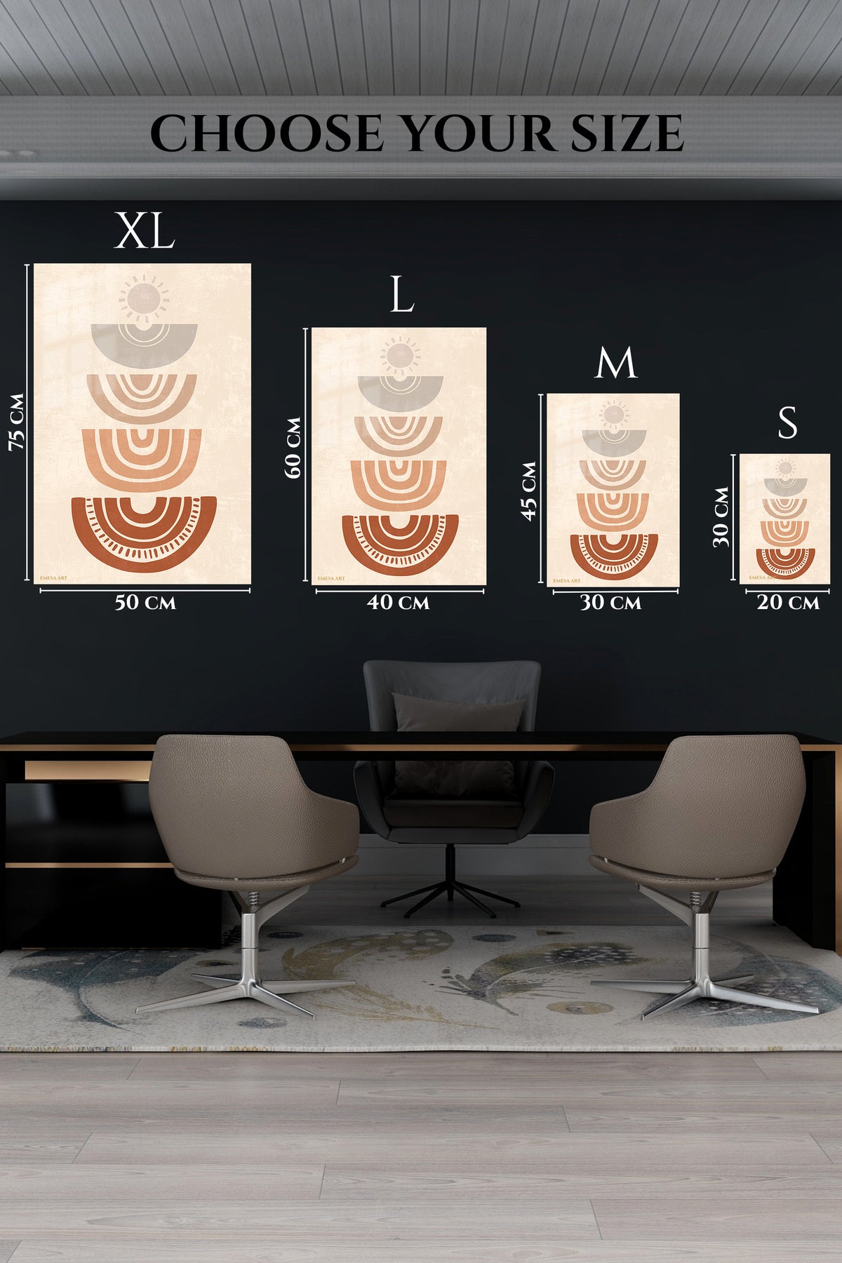 EMESA metal wall art size comparison guide for Earthy Sun Arc Composition