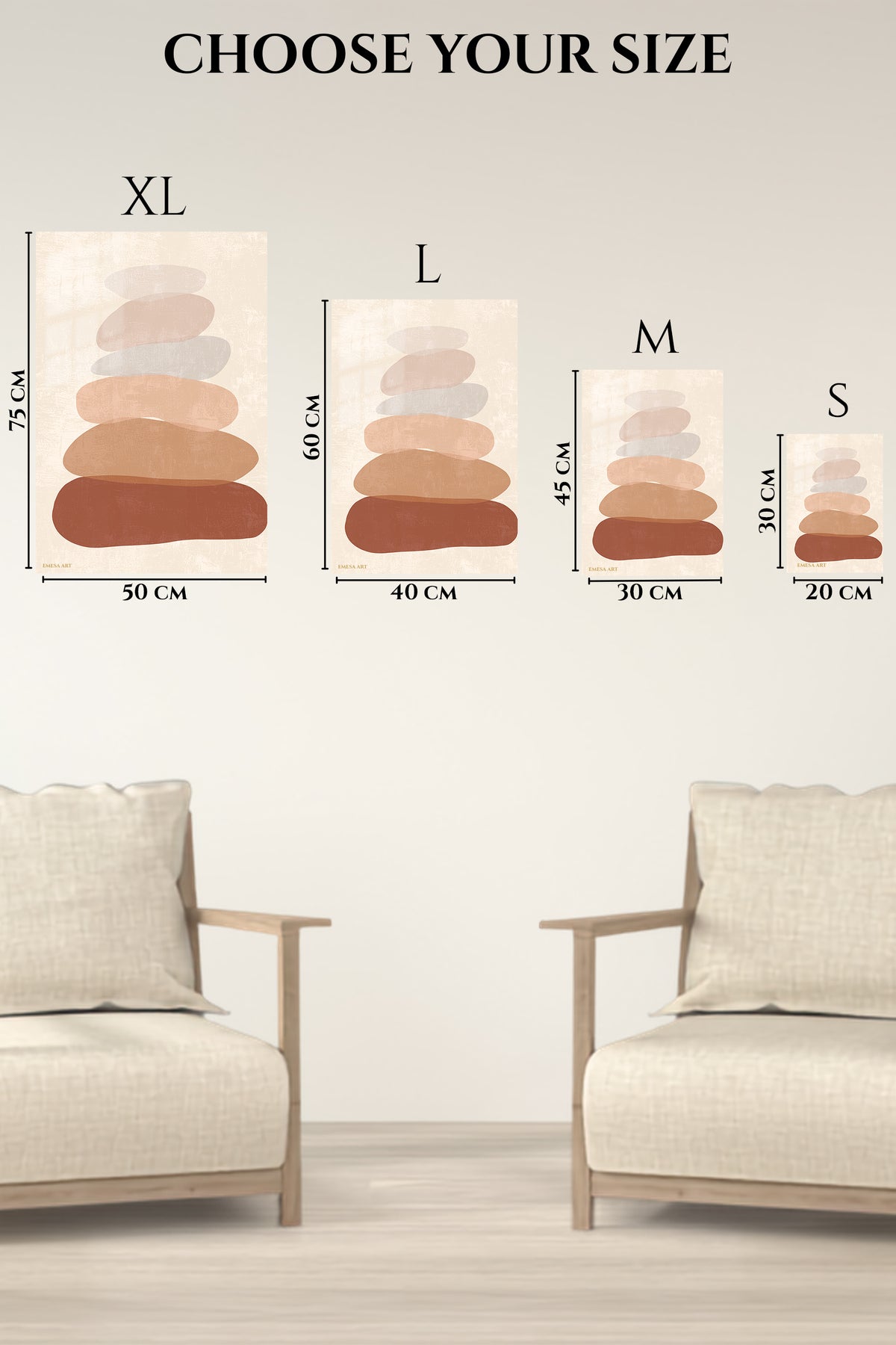 EMESA metal wall art size comparison guide for Earth Tone Stone Stack