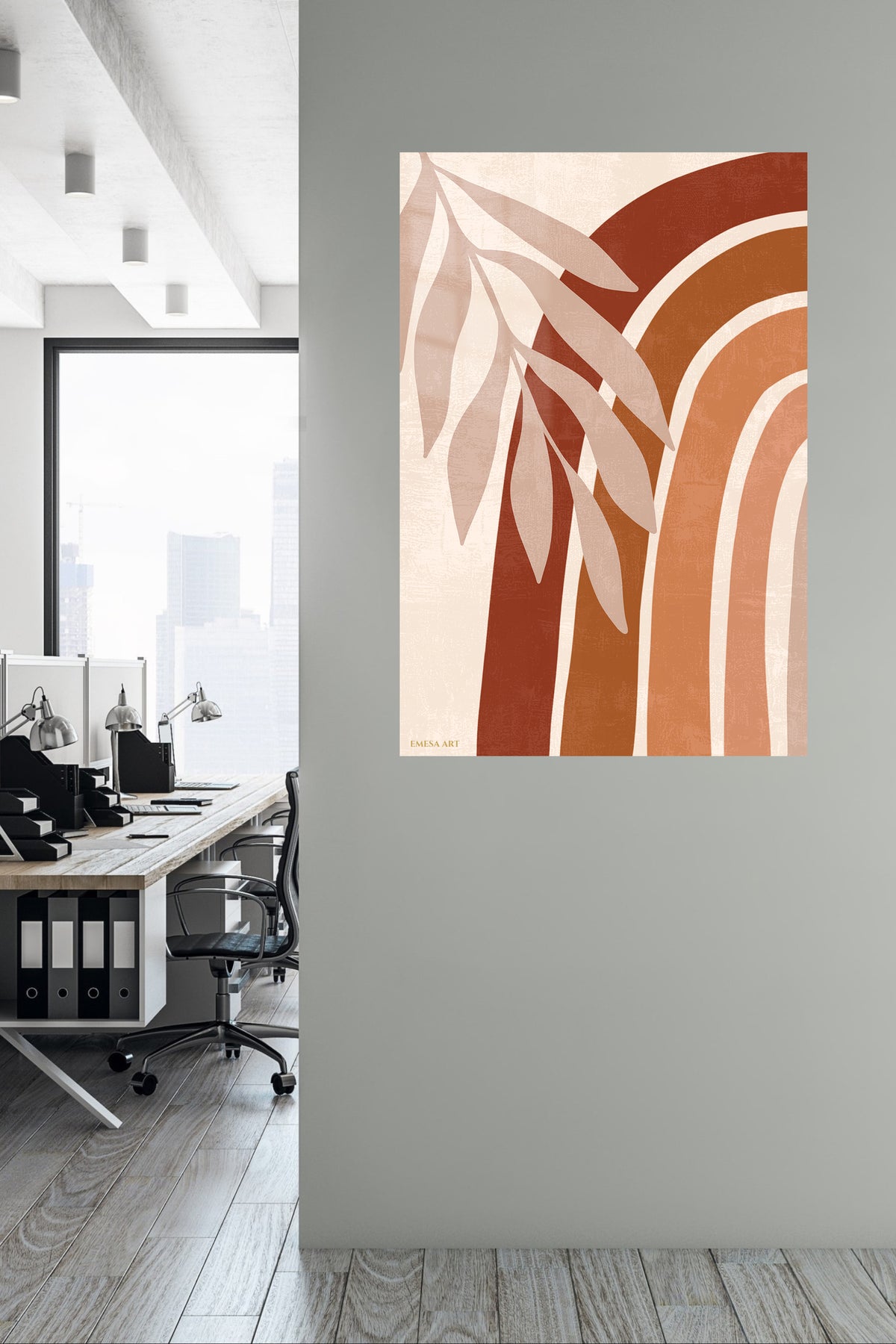 Terracotta Palm Arches metal wall art displayed in a contemporary living space
