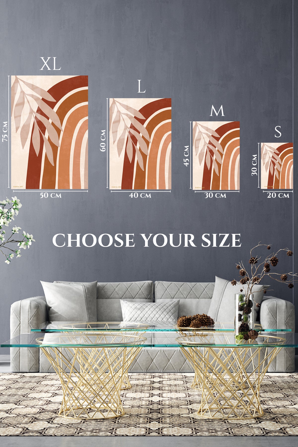 EMESA metal wall art size comparison guide for Terracotta Palm Arches