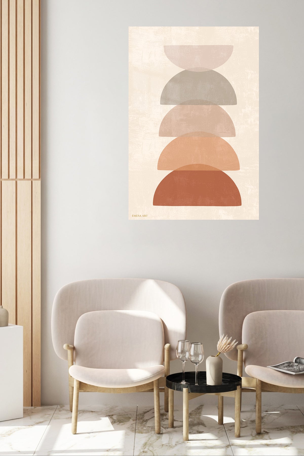 Earthy Stacked Arches metal wall art displayed in a contemporary living space