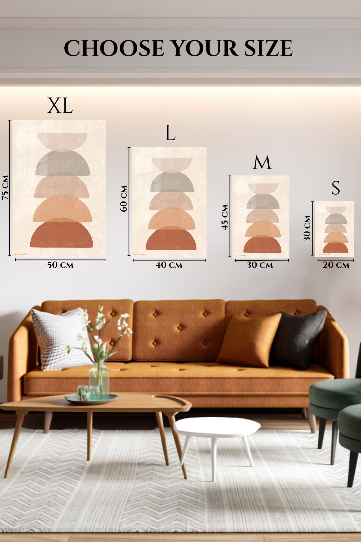 EMESA metal wall art size comparison guide for Earthy Stacked Arches