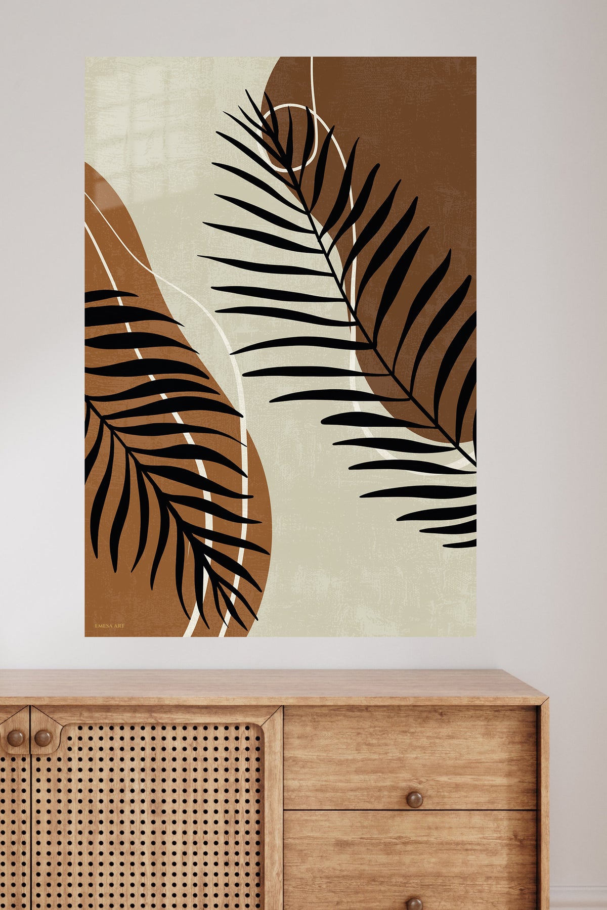 Earthy Palm Silhouettes metal wall art displayed in a modern interior