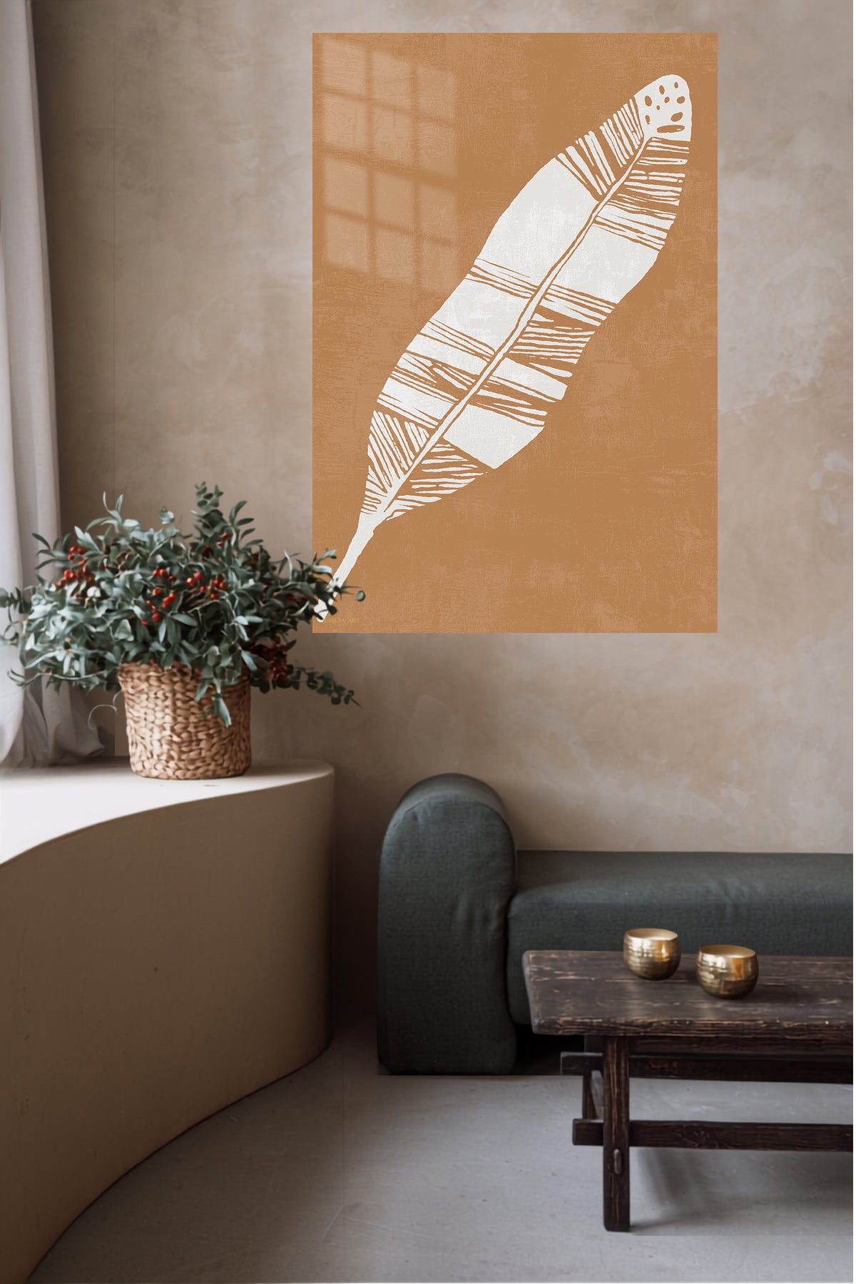 White Feather on Terracotta metal wall art displayed in a contemporary living space