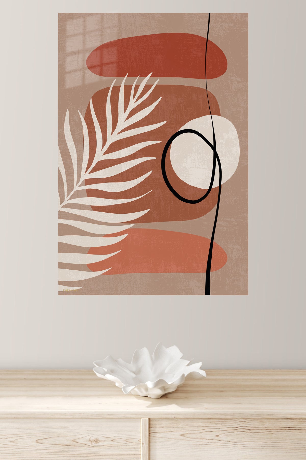 Terracotta Palm Abstraction metal wall art displayed in a modern interior