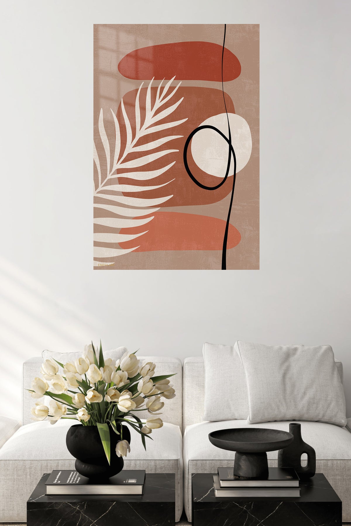 Terracotta Palm Abstraction metal wall art displayed in a contemporary living space