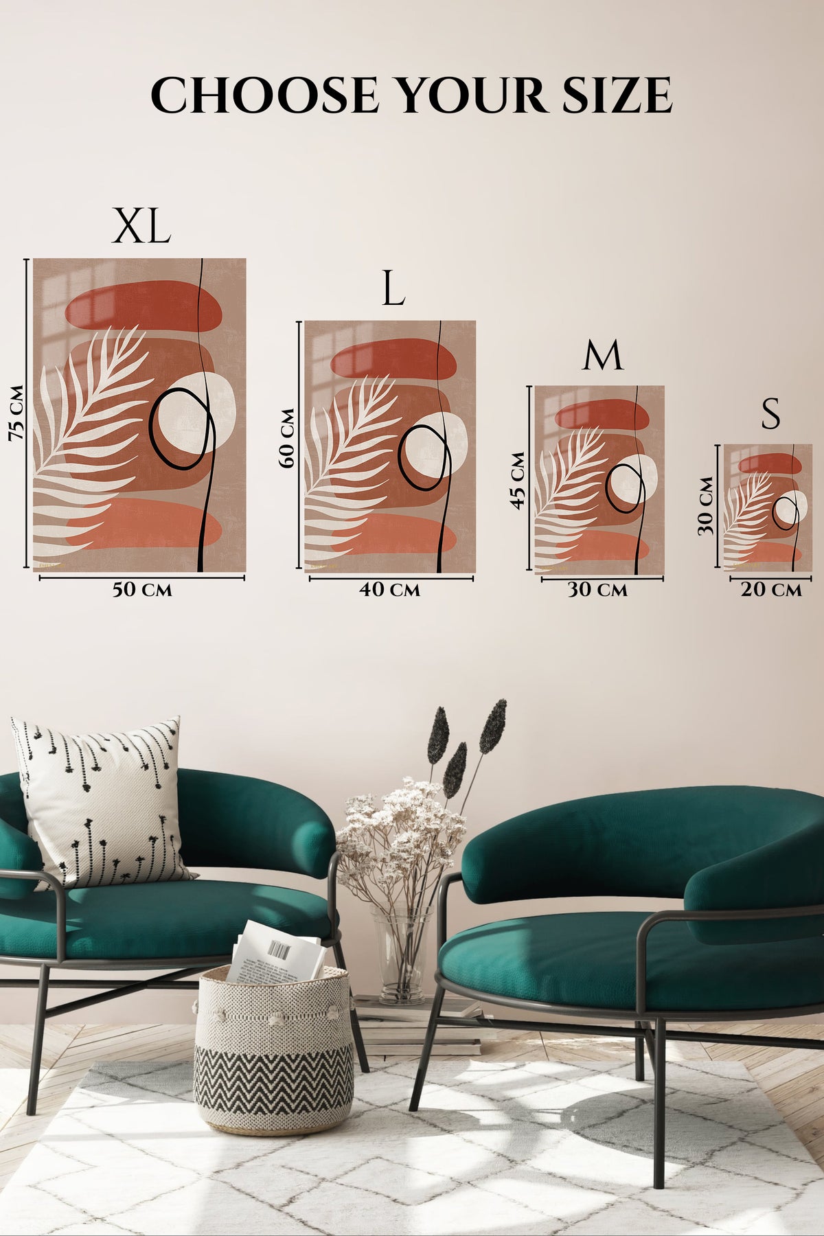 EMESA metal wall art size comparison guide for Terracotta Palm Abstraction