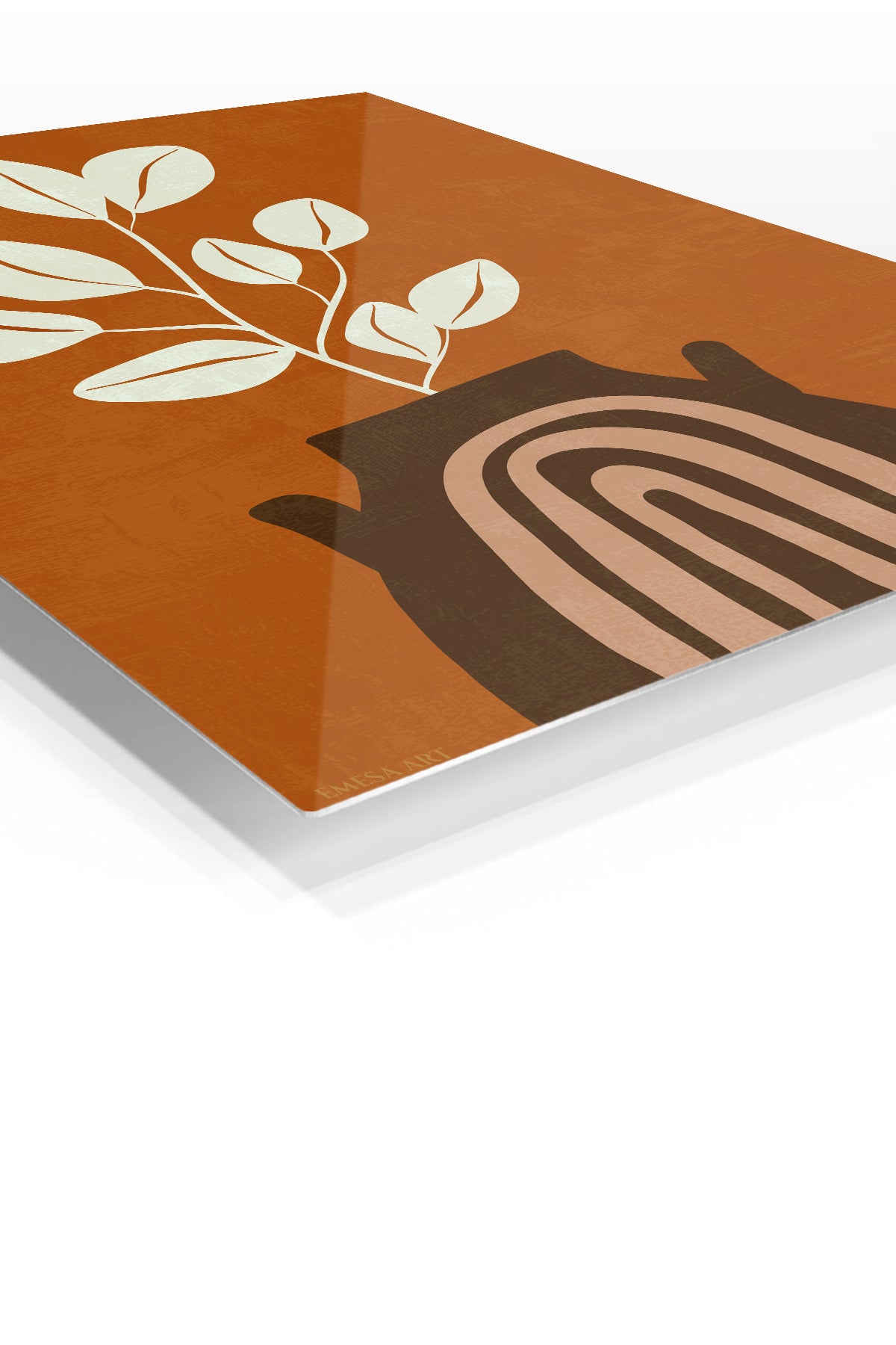 Terracotta Vase Leaf Silhouette premium metal wall art – angled view