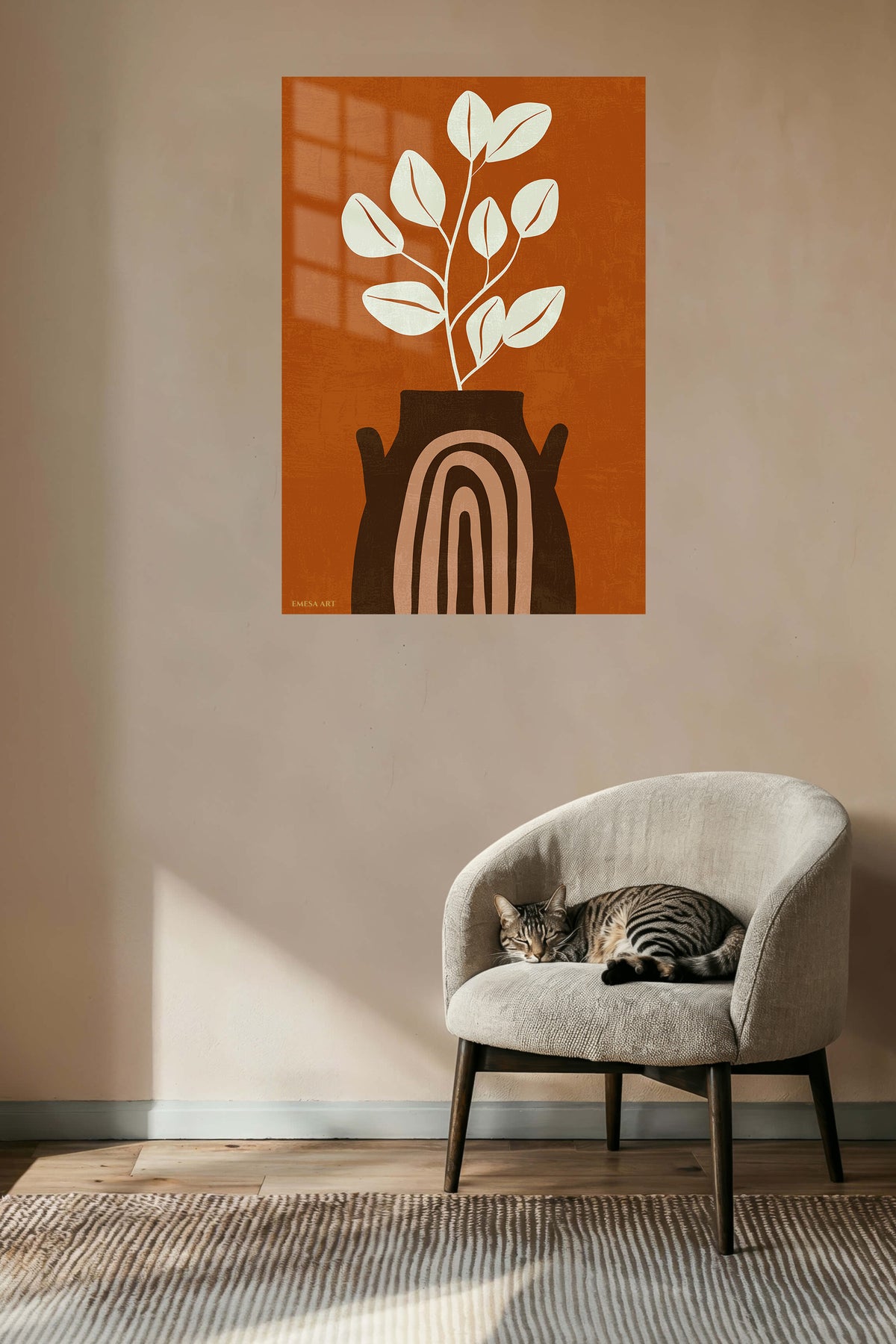 Terracotta Vase Leaf Silhouette metal wall art displayed in a contemporary living space