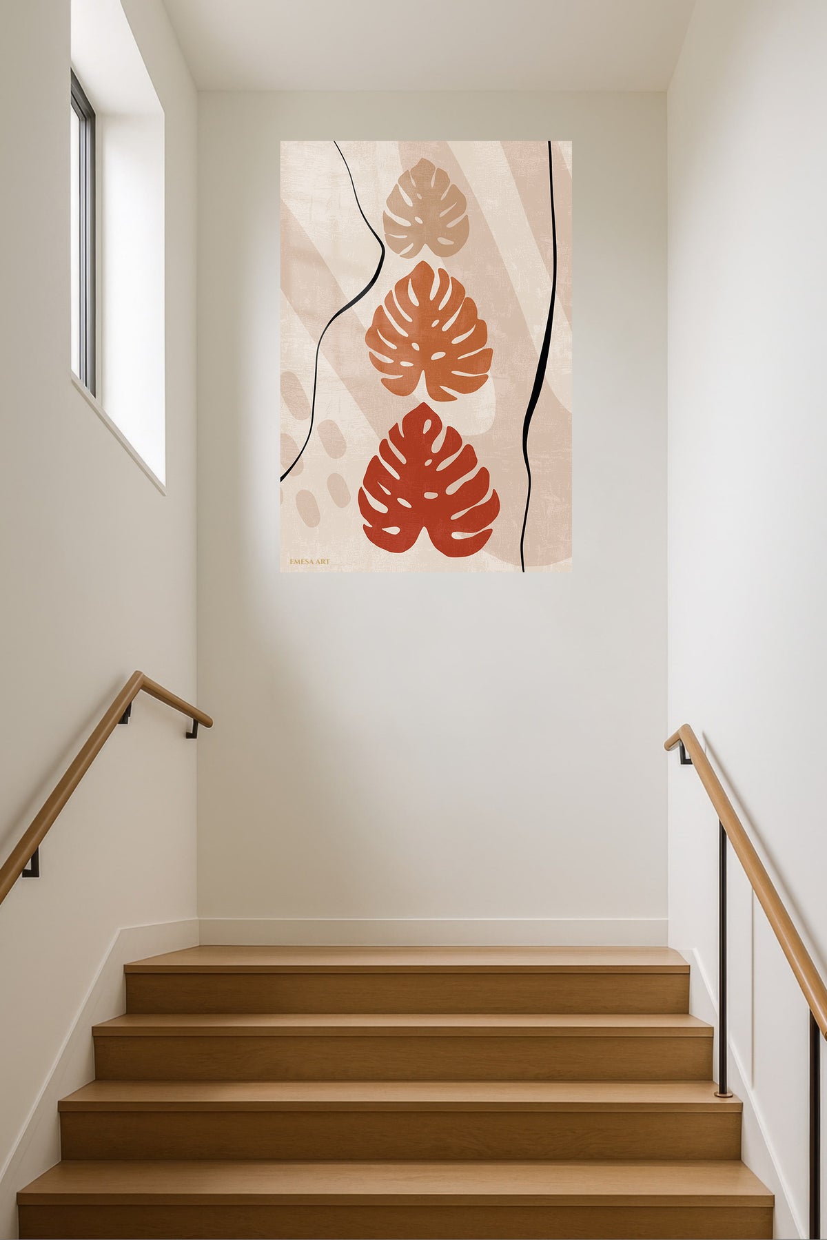 Terracotta Monstera Silhouettes metal wall art displayed in a contemporary living space
