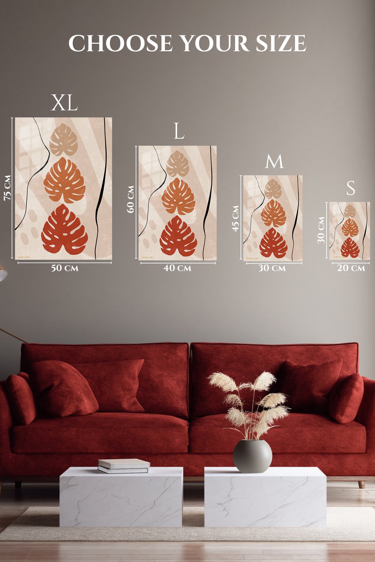 EMESA metal wall art size comparison guide for Terracotta Monstera Silhouettes