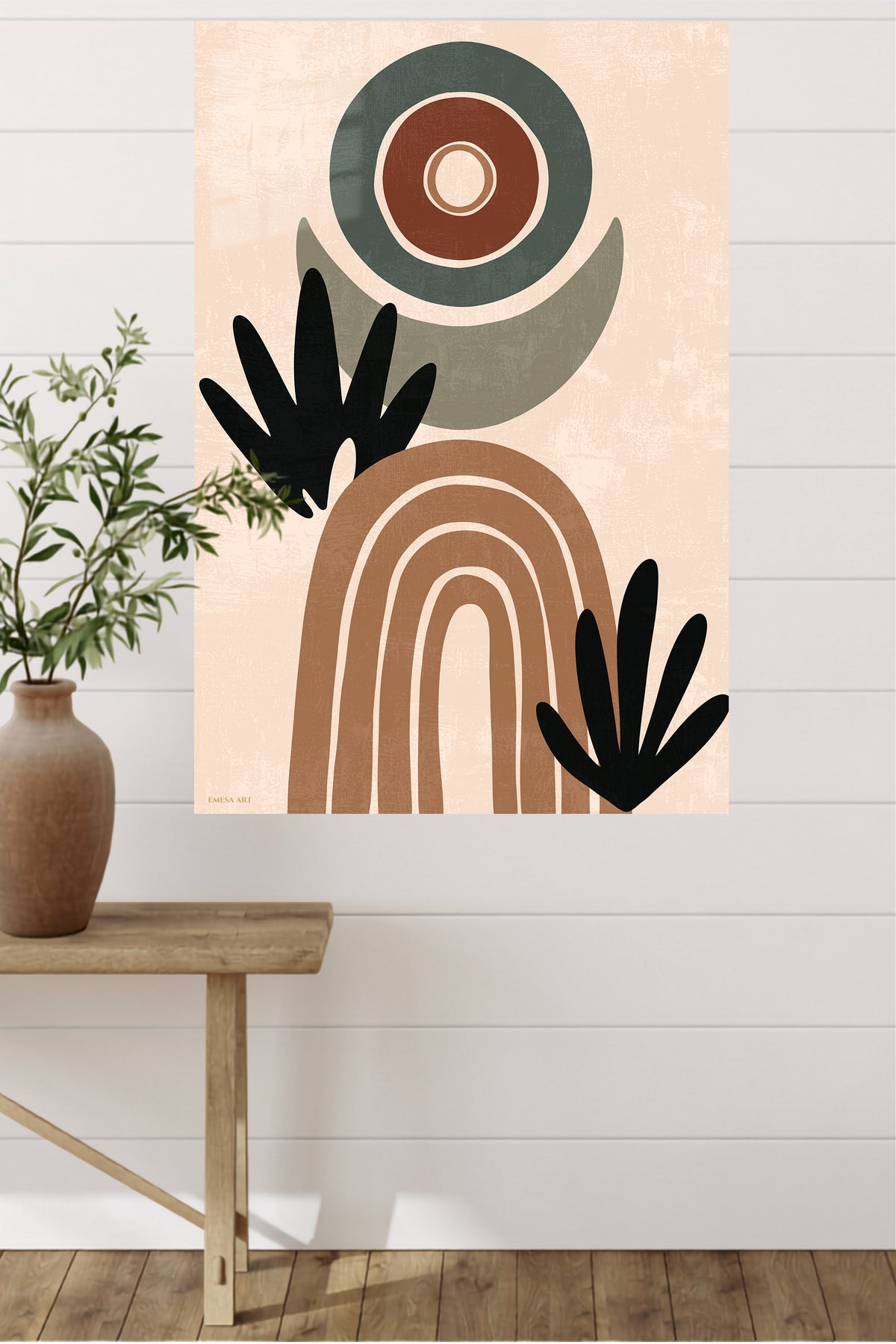 Earthy Abstract Botanicals metal wall art displayed in a modern interior