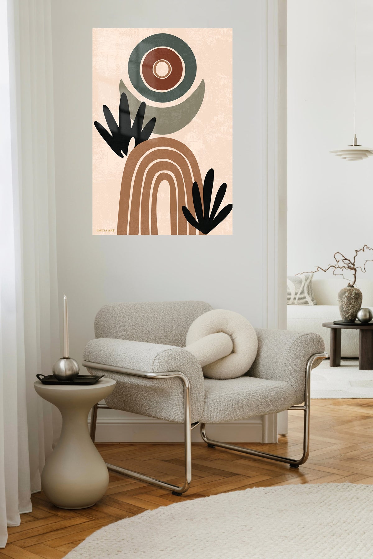 Earthy Abstract Botanicals metal wall art displayed in a contemporary living space