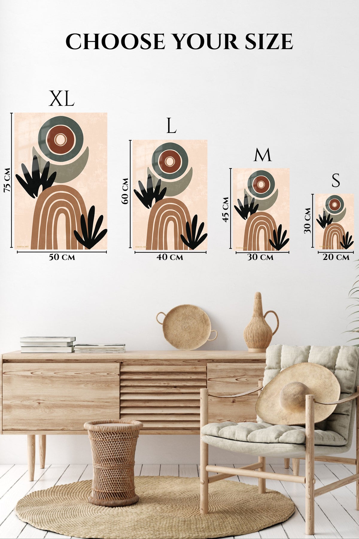 EMESA metal wall art size comparison guide for Earthy Abstract Botanicals