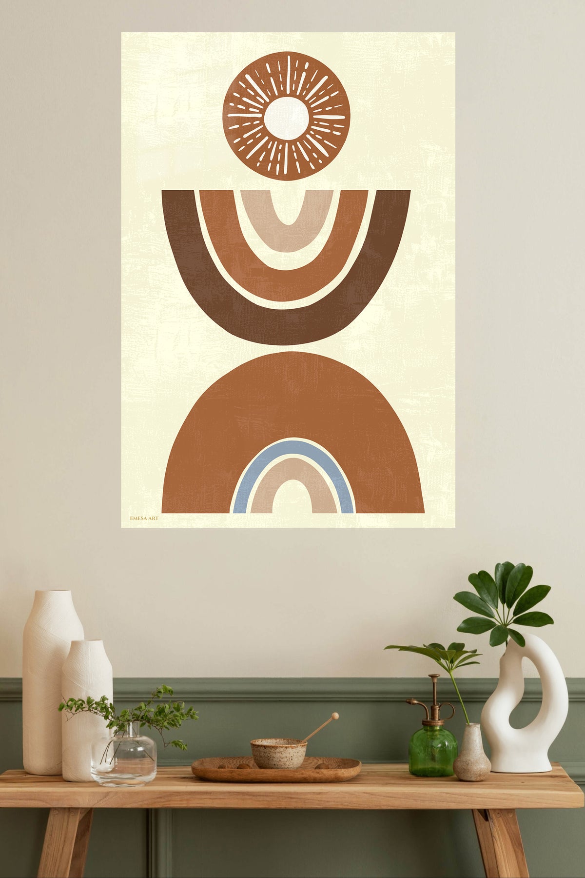 Earthy Sun and Rainbow Arches metal wall art displayed in a modern interior