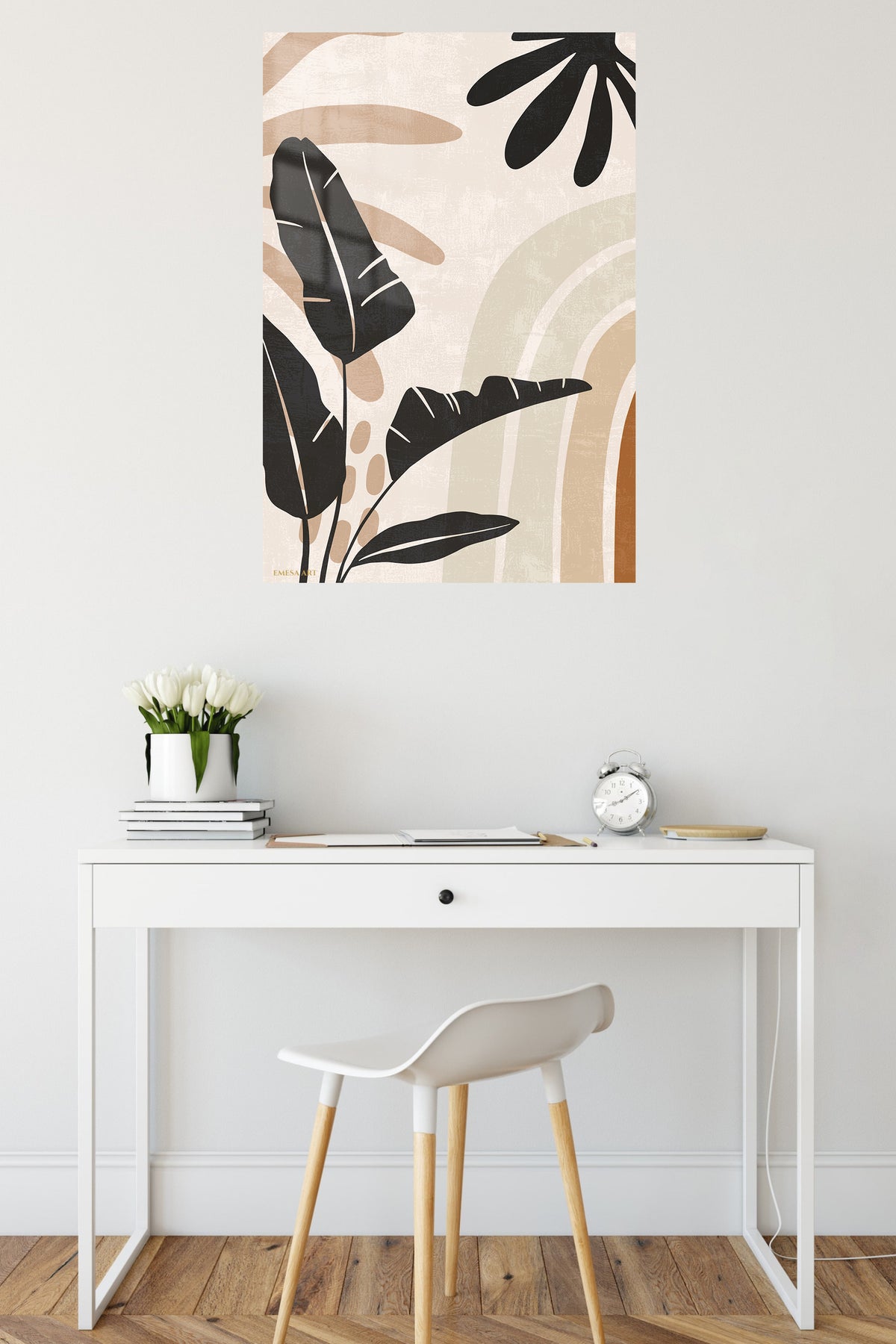 Earthy Tropical Leaf Arches metal wall art displayed in a contemporary living space