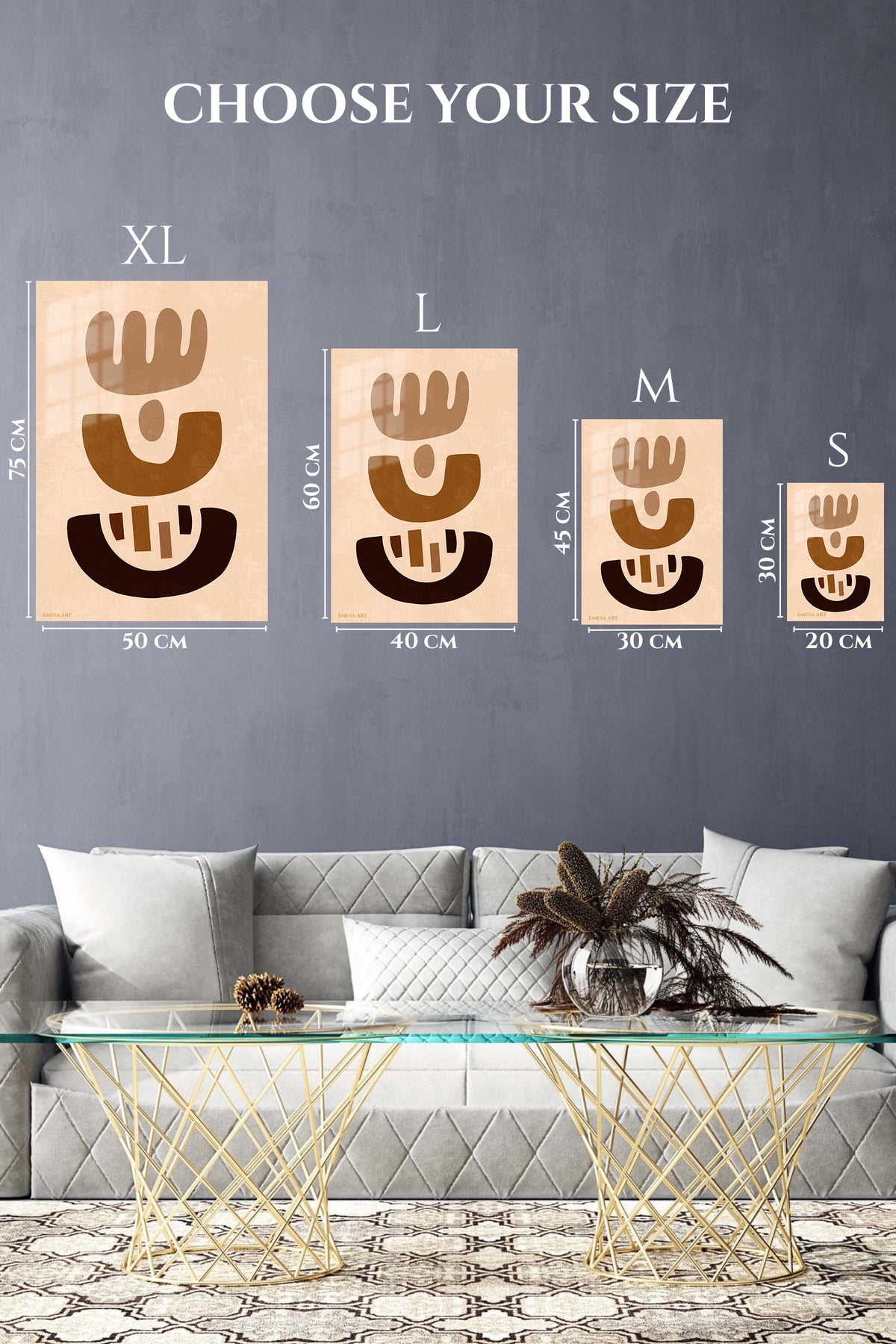 EMESA metal wall art size comparison guide for Earthy Abstract Totems
