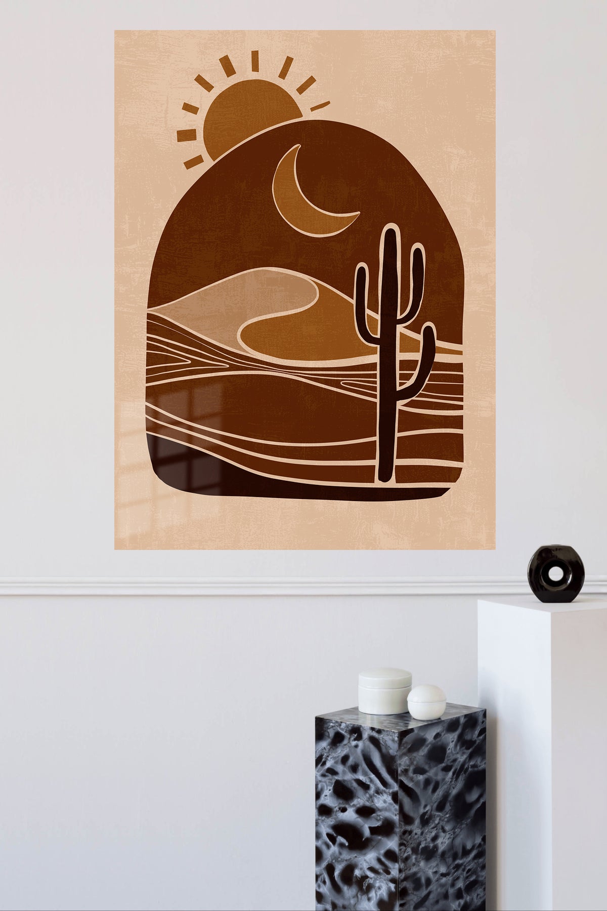 Desert Sun and Cactus metal wall art displayed in a modern interior