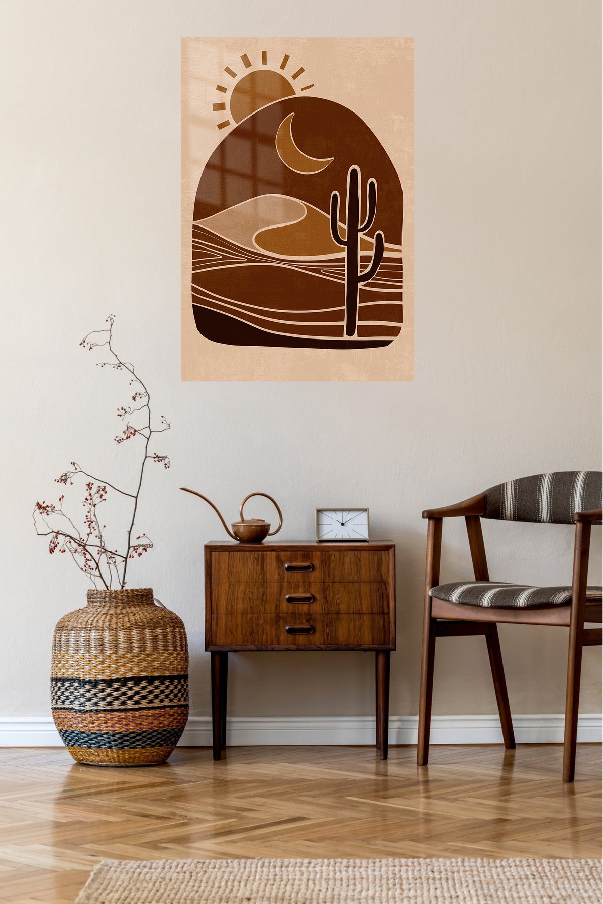 Desert Sun and Cactus metal wall art displayed in a contemporary living space