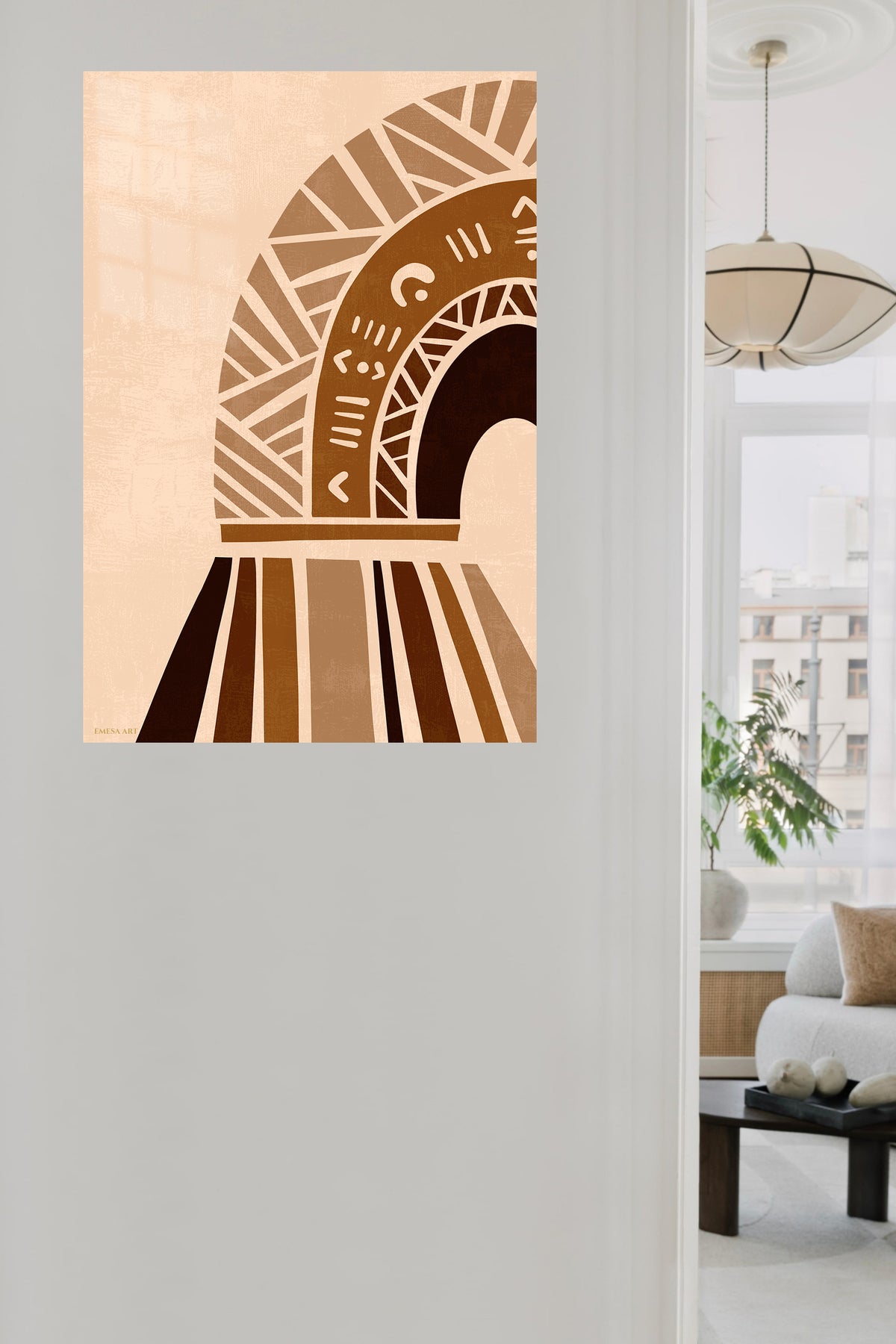 Earthtone Geometric Archway metal wall art displayed in a contemporary living space