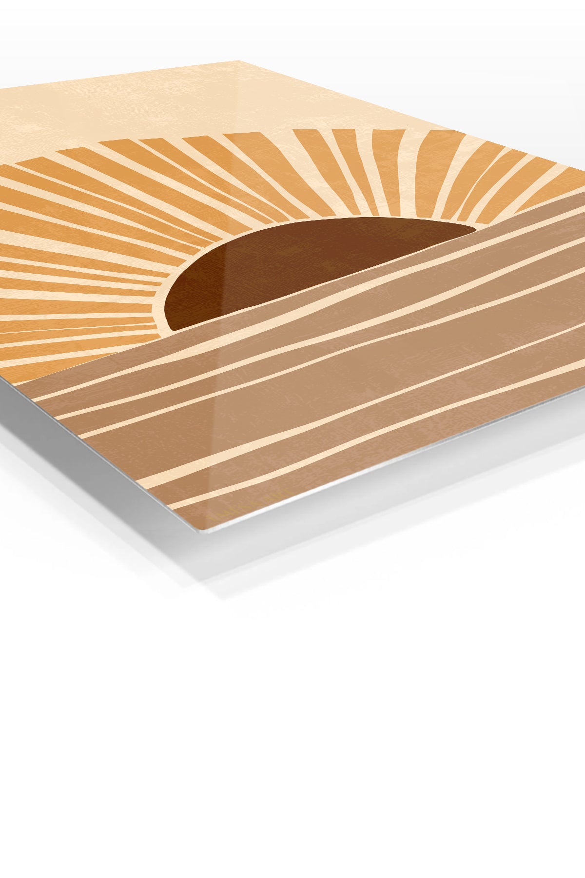 Ochre Sunrise Waves premium metal wall art – angled view