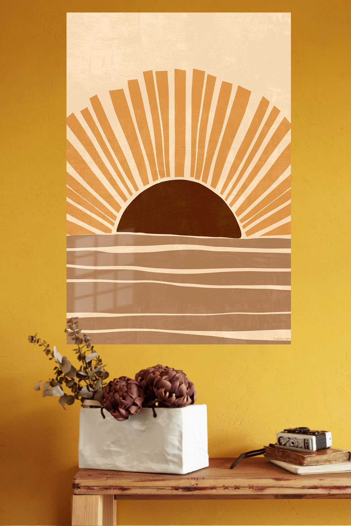 Ochre Sunrise Waves metal wall art displayed in a modern interior