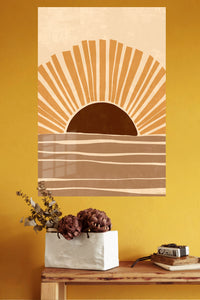 Ochre Sunrise Waves metal wall art displayed in a modern interior