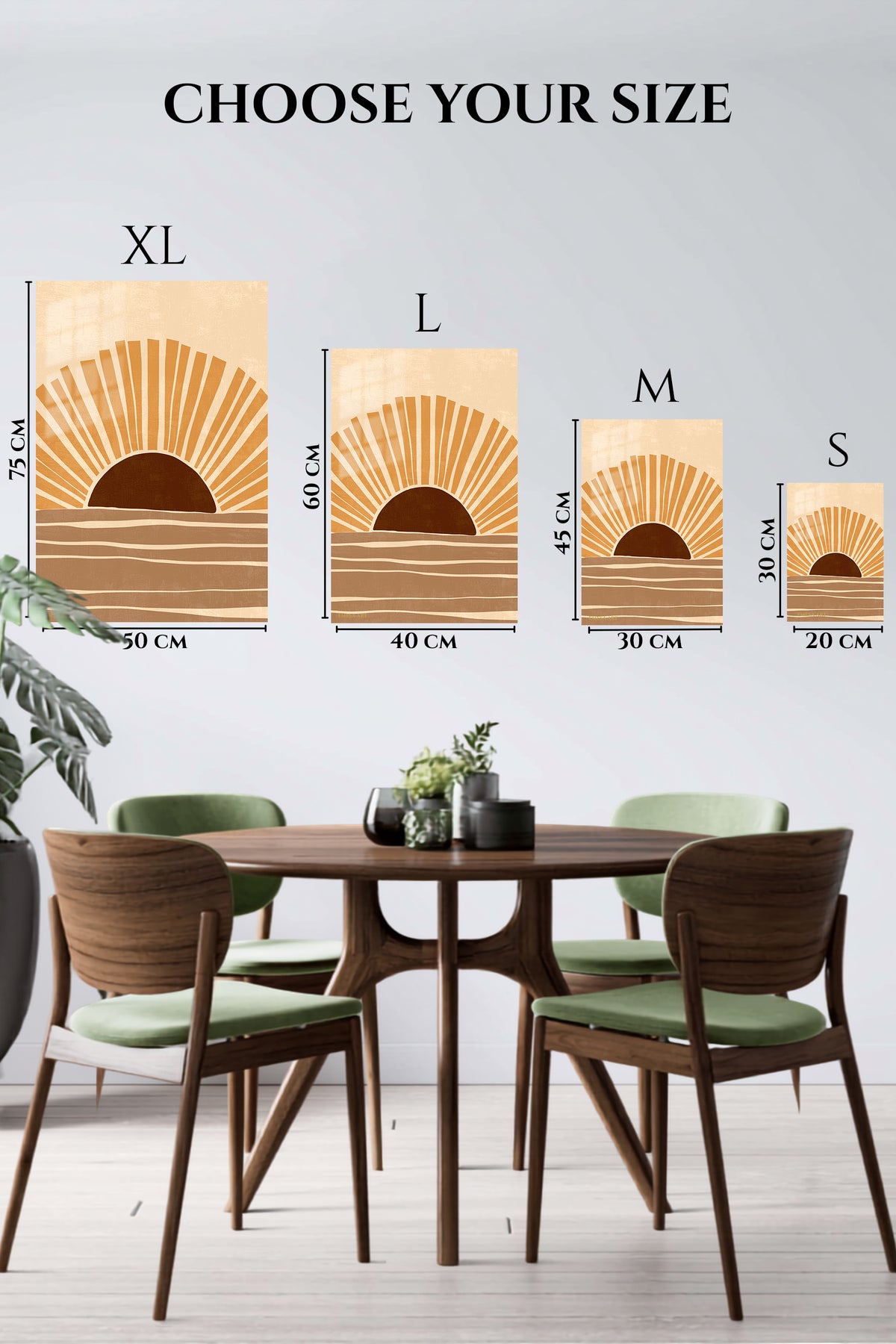 EMESA metal wall art size comparison guide for Ochre Sunrise Waves