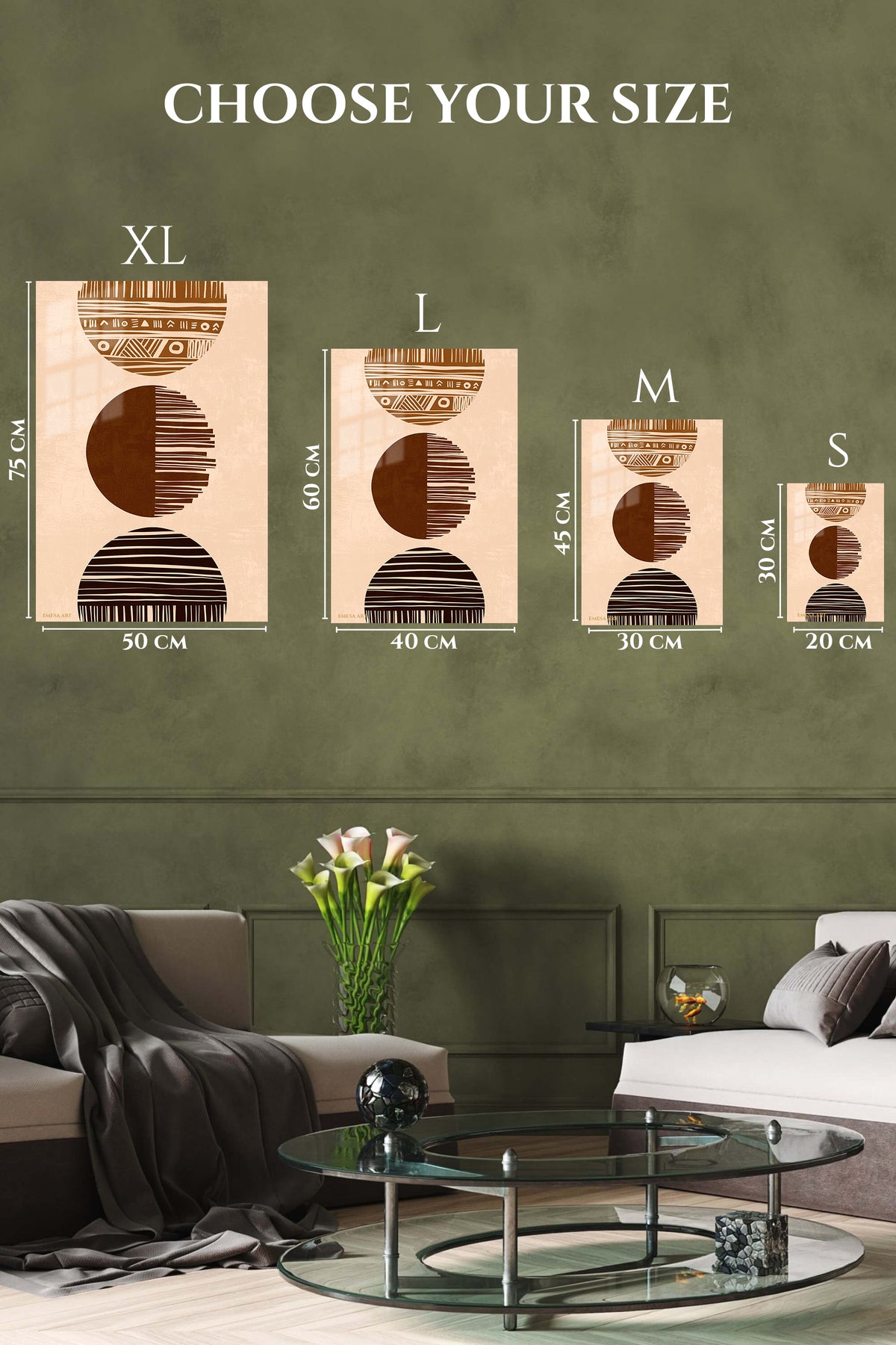 EMESA metal wall art size comparison guide for Earthy Geometric Vessel Trio