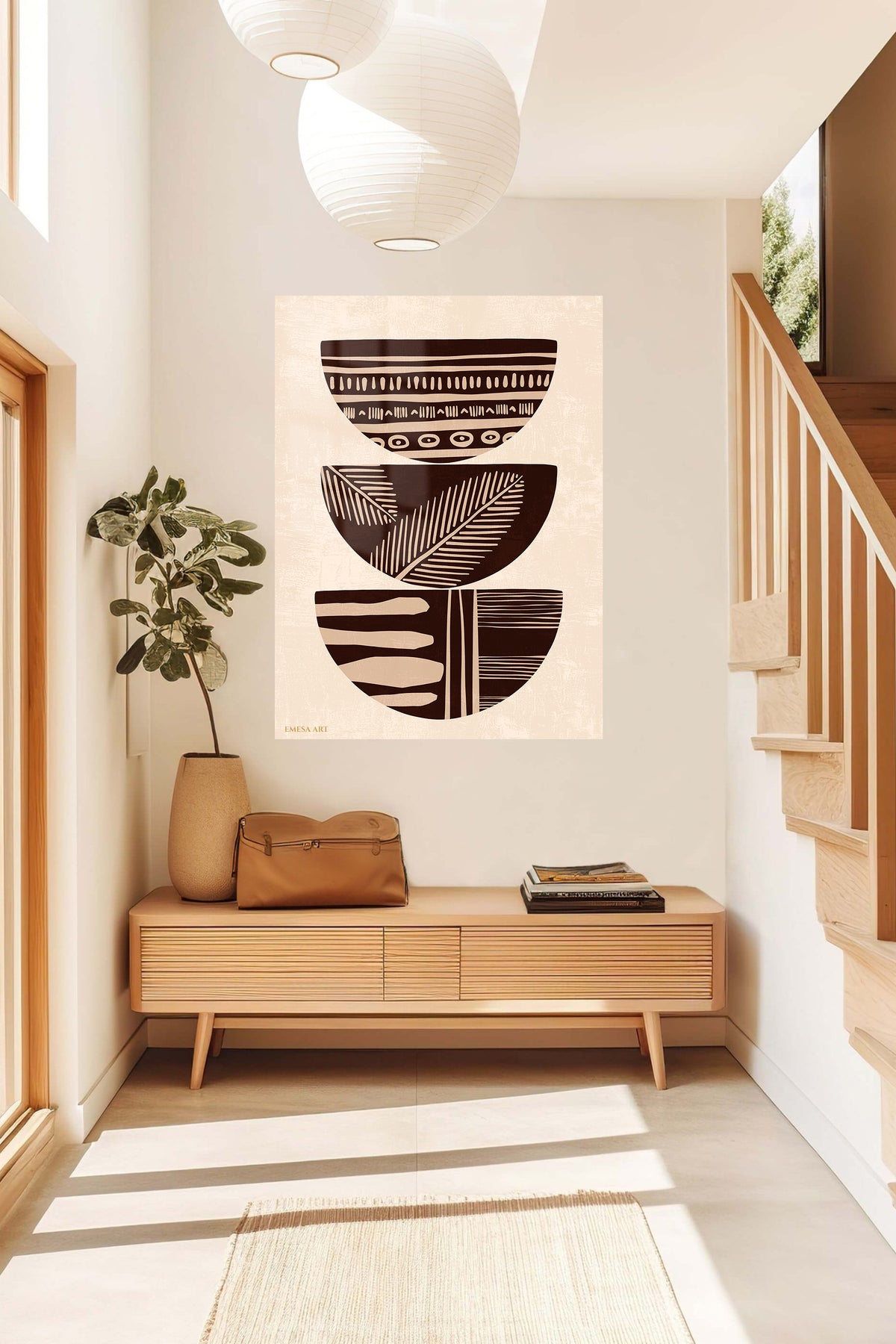 Earthy Patterned Bowl Trio metal wall art displayed in a contemporary living space