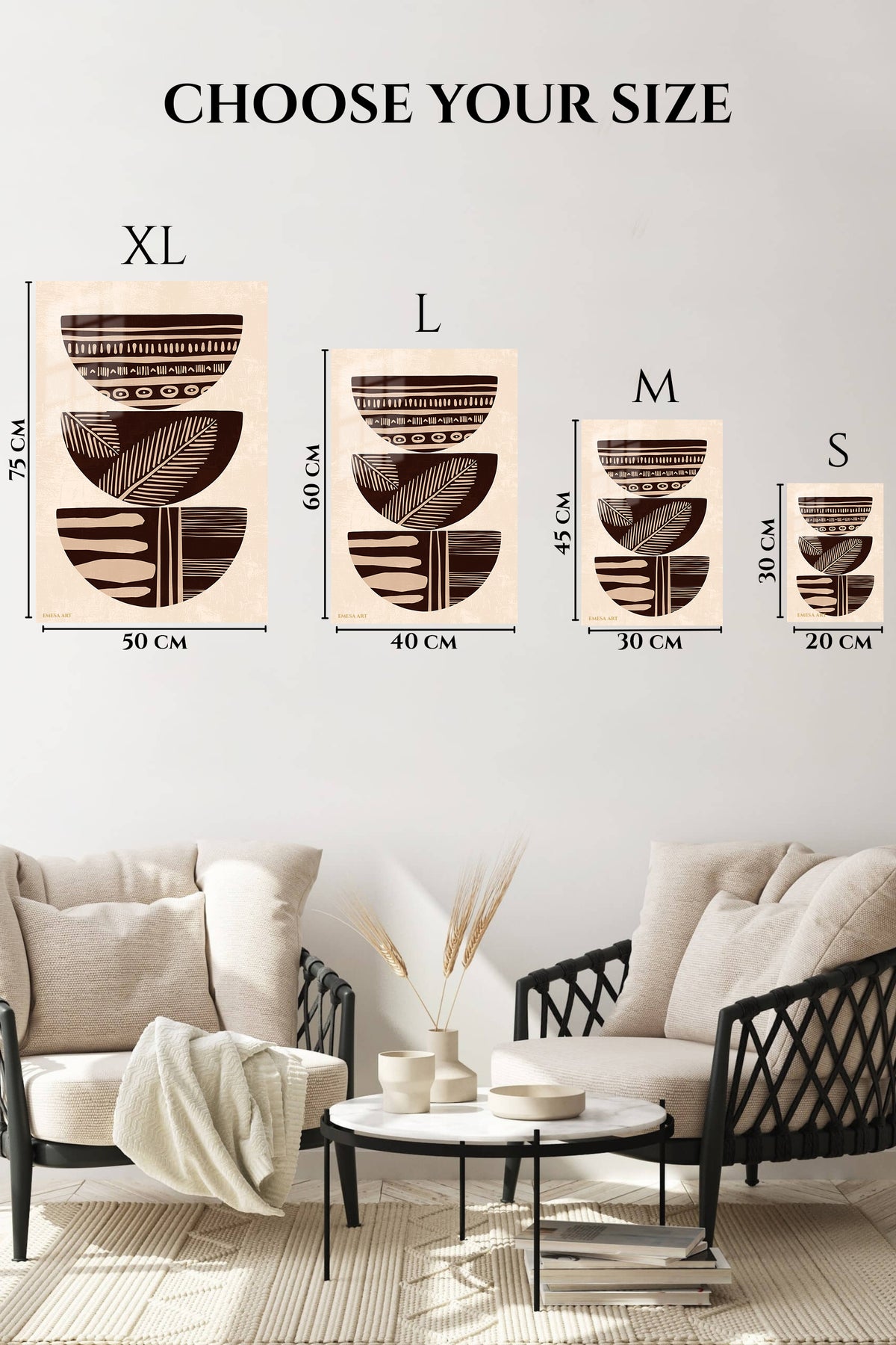 EMESA metal wall art size comparison guide for Earthy Patterned Bowl Trio