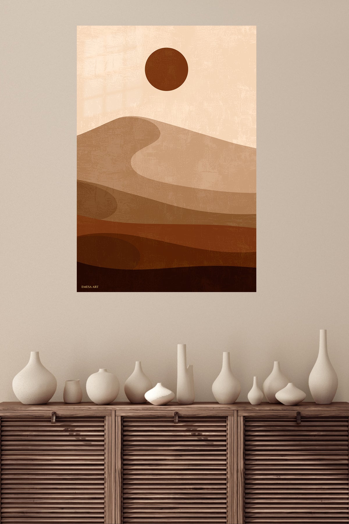 Earth Tone Desert Sun metal wall art displayed in a modern interior