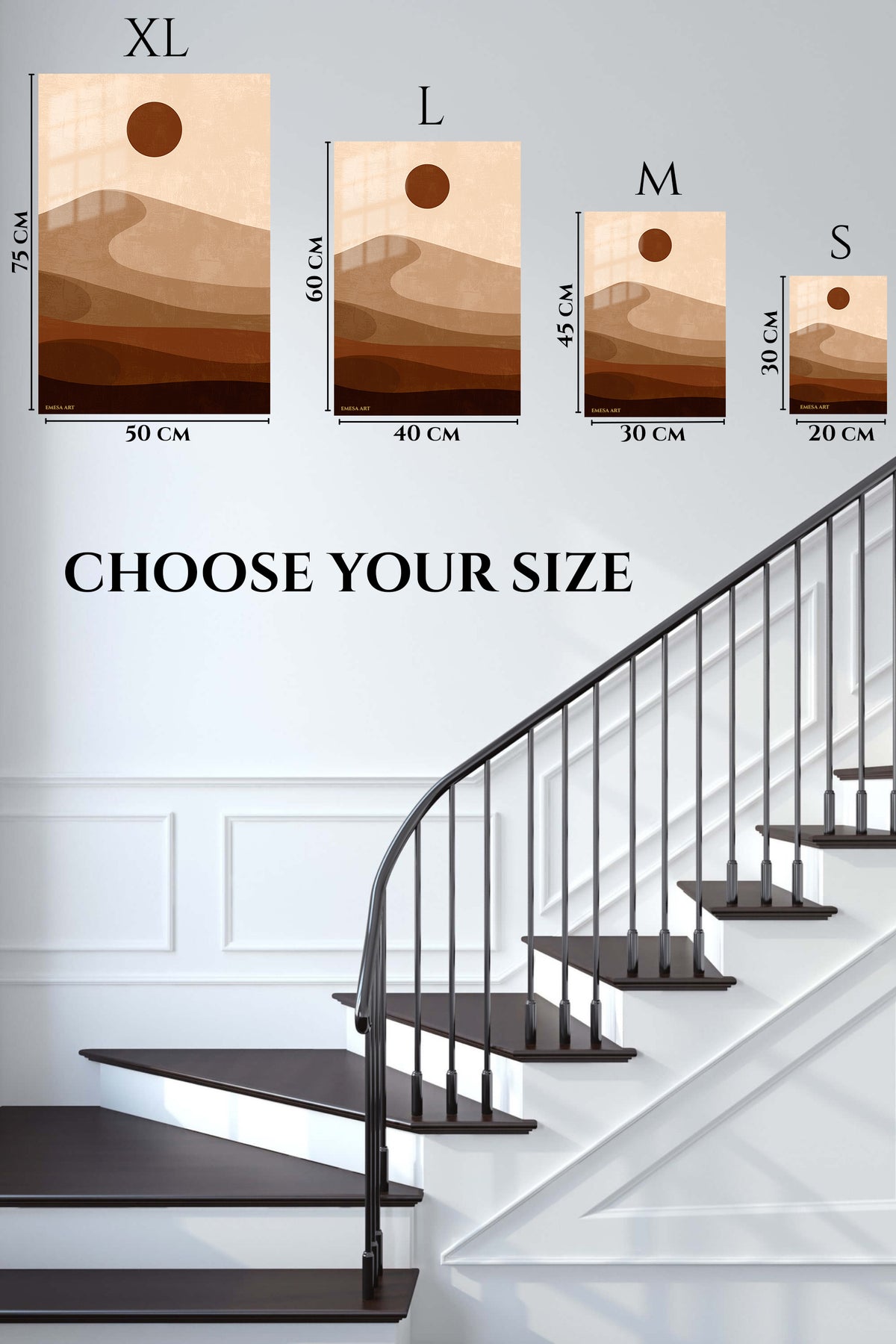 EMESA metal wall art size comparison guide for Earth Tone Desert Sun
