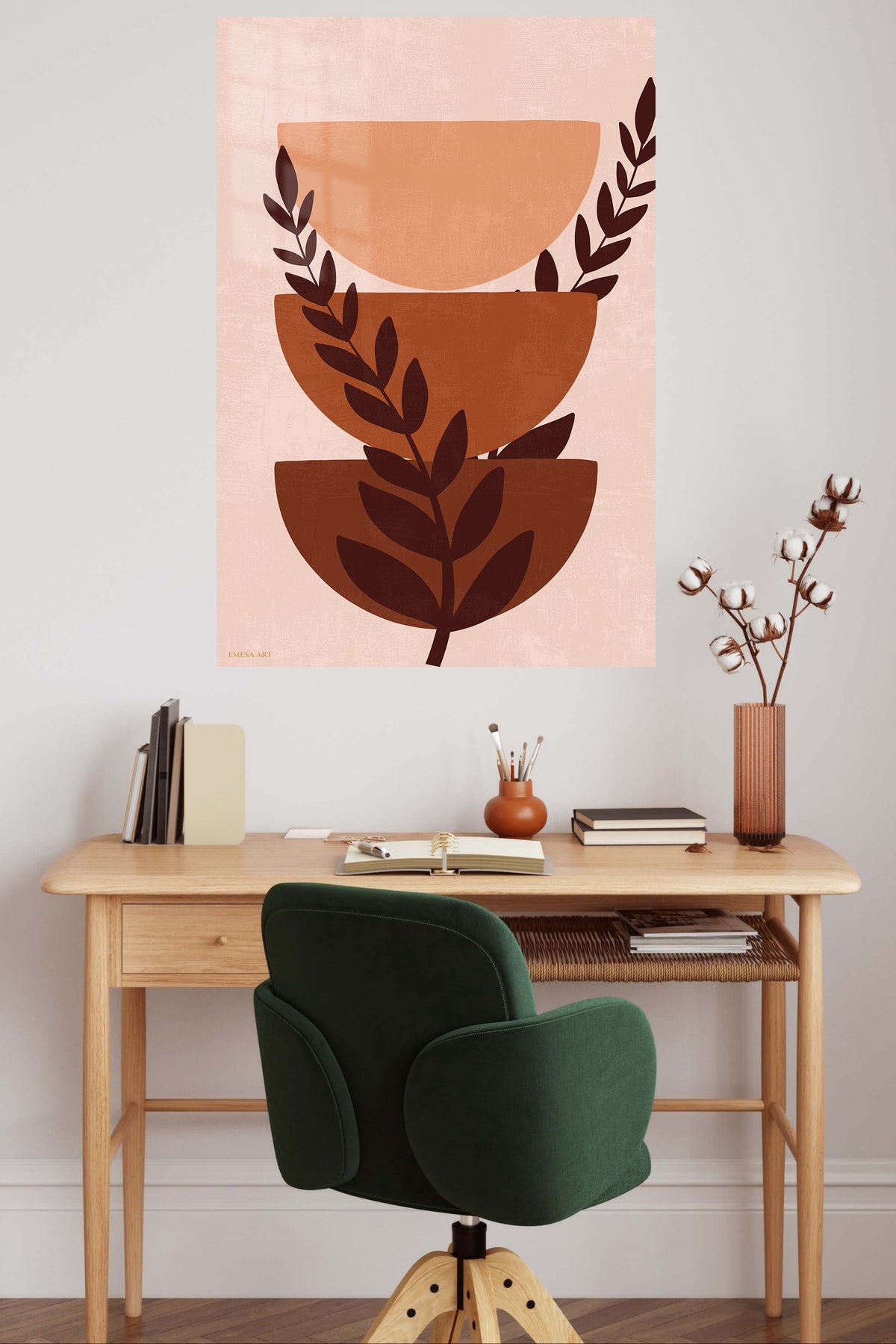 Terracotta Botanical Balance metal wall art displayed in a contemporary living space