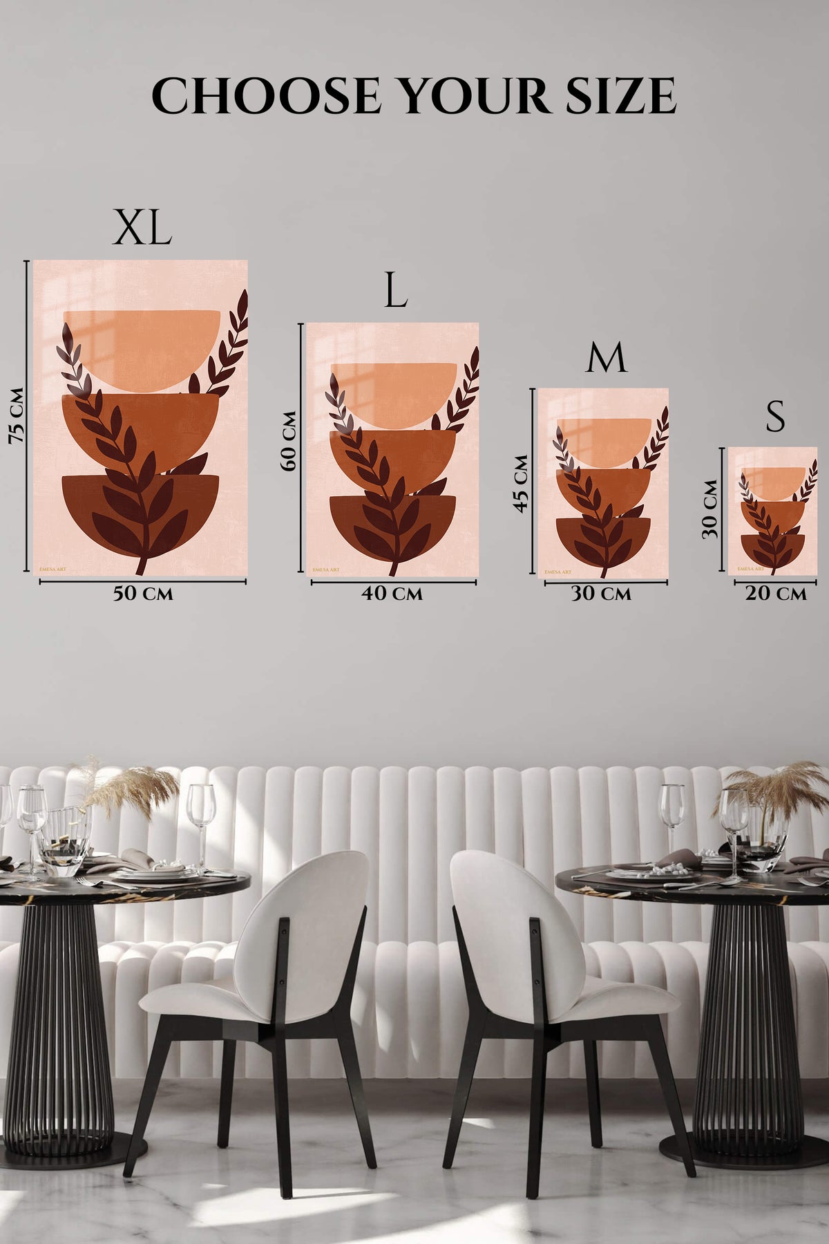 EMESA metal wall art size comparison guide for Terracotta Botanical Balance