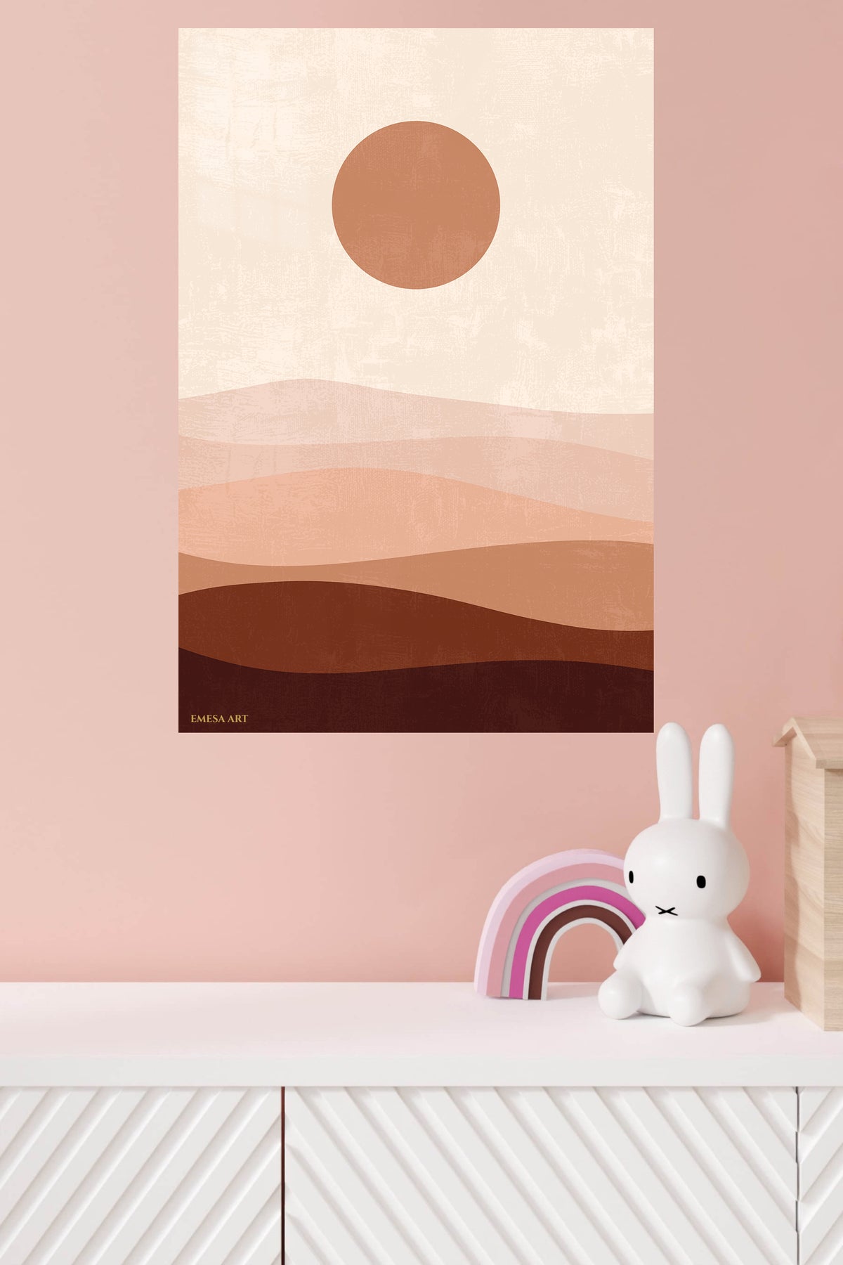 Terracotta Sun Over Layered Dunes metal wall art displayed in a modern interior