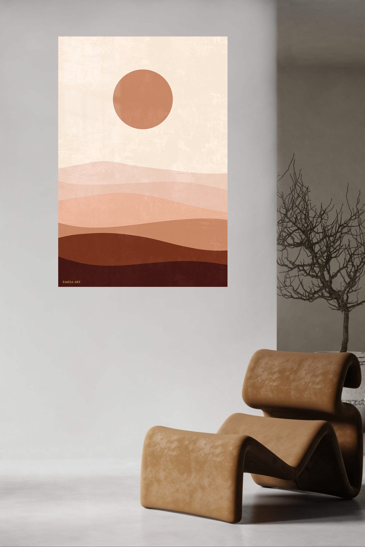 Terracotta Sun Over Layered Dunes metal wall art displayed in a contemporary living space