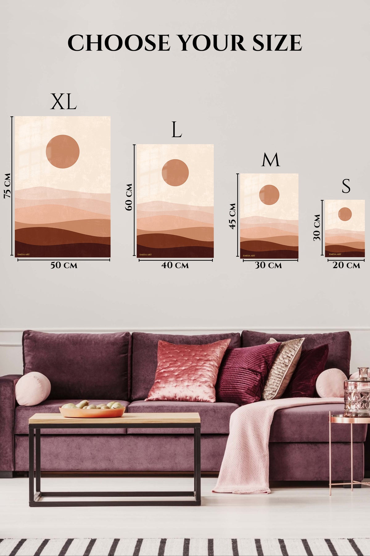 EMESA metal wall art size comparison guide for Terracotta Sun Over Layered Dunes