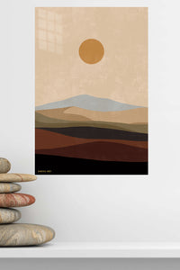 Ochre Sun Over Layered Hills metal wall art displayed in a modern interior