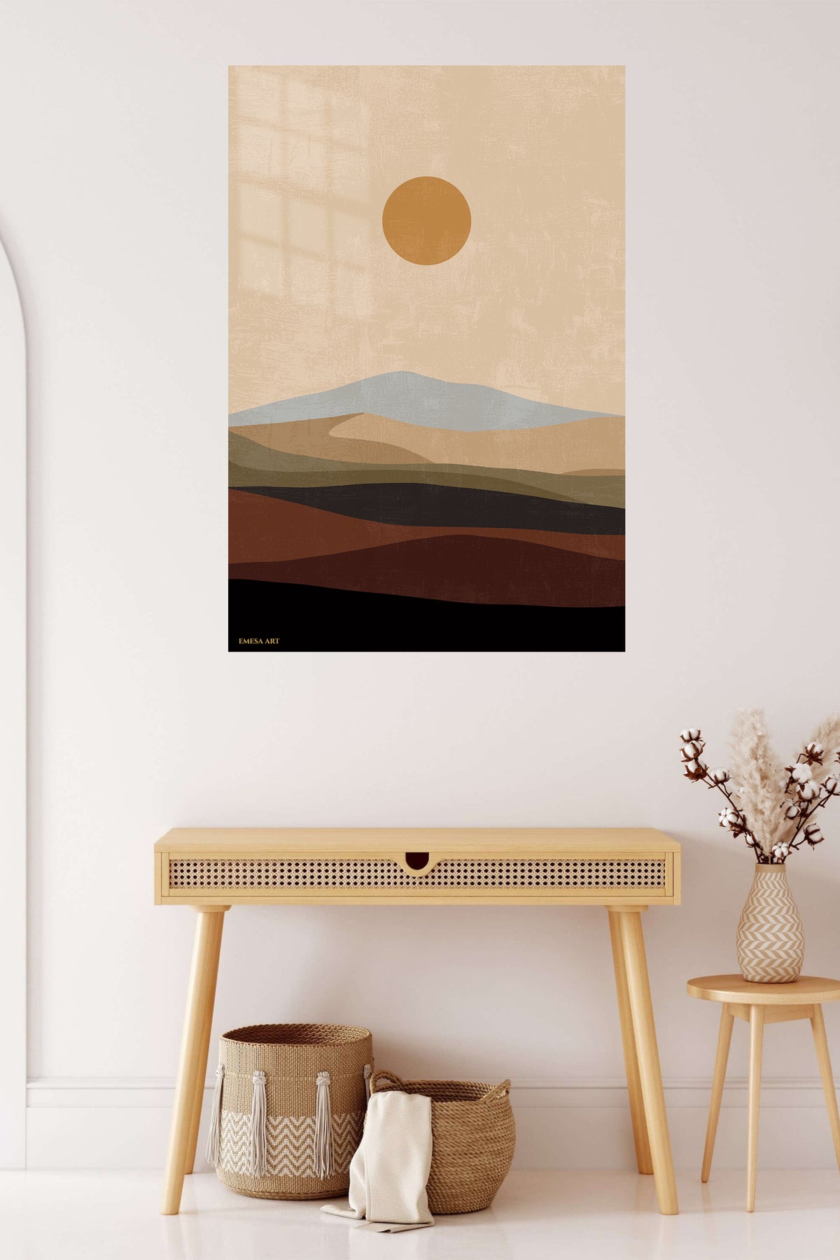 Ochre Sun Over Layered Hills metal wall art displayed in a contemporary living space