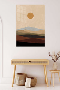 Ochre Sun Over Layered Hills metal wall art displayed in a contemporary living space