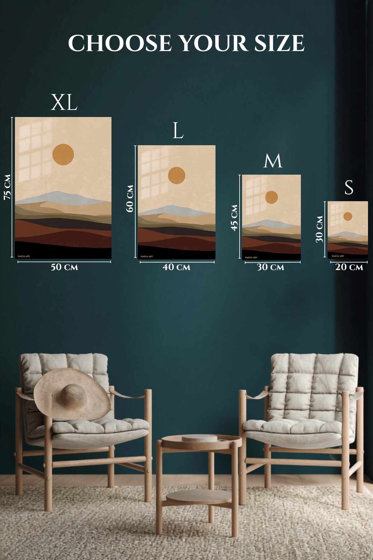 EMESA metal wall art size comparison guide for Ochre Sun Over Layered Hills
