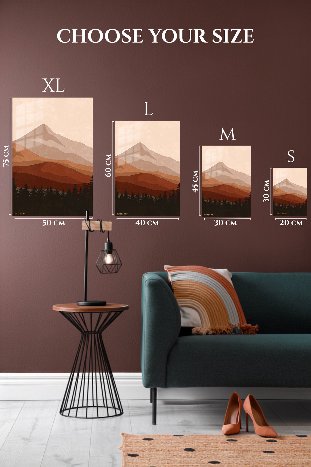 EMESA metal wall art size comparison guide for Earthtone Mountain Layers
