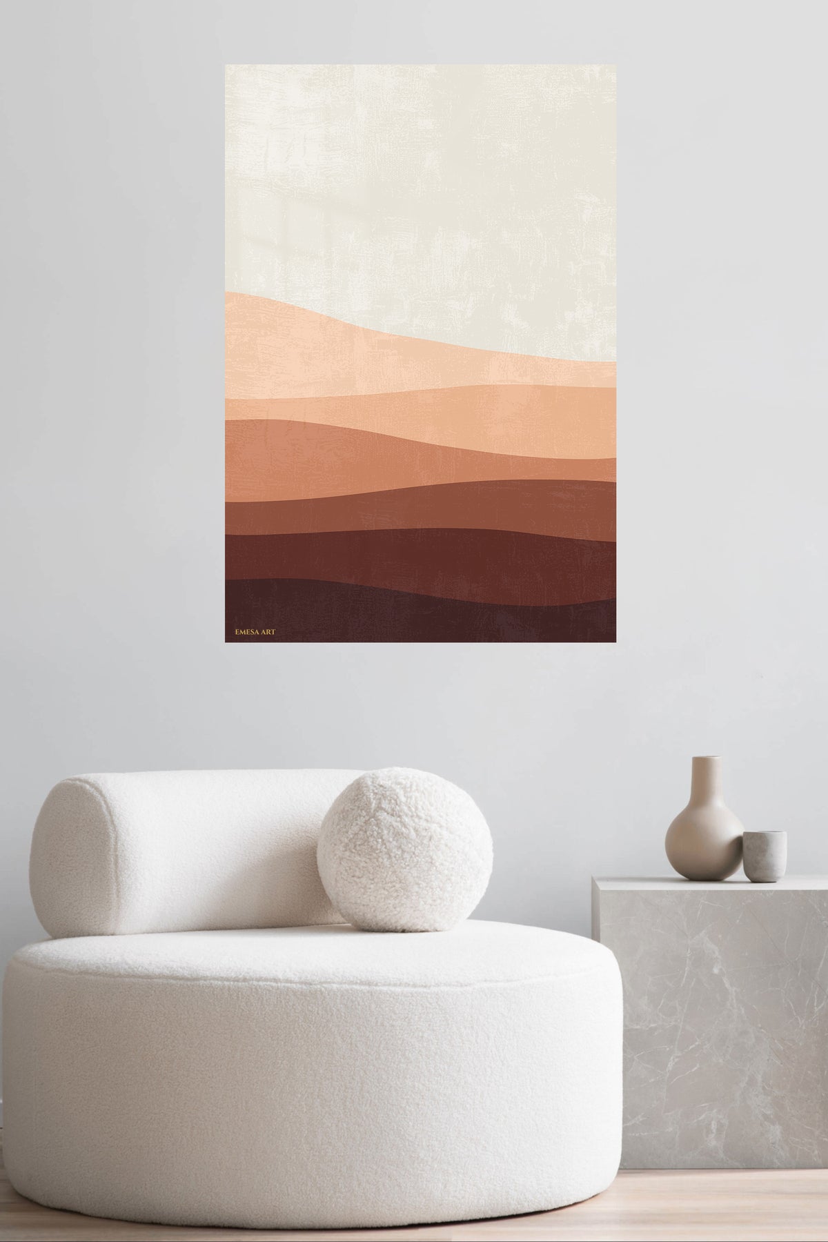 Earthy Layered Dunes metal wall art displayed in a contemporary living space