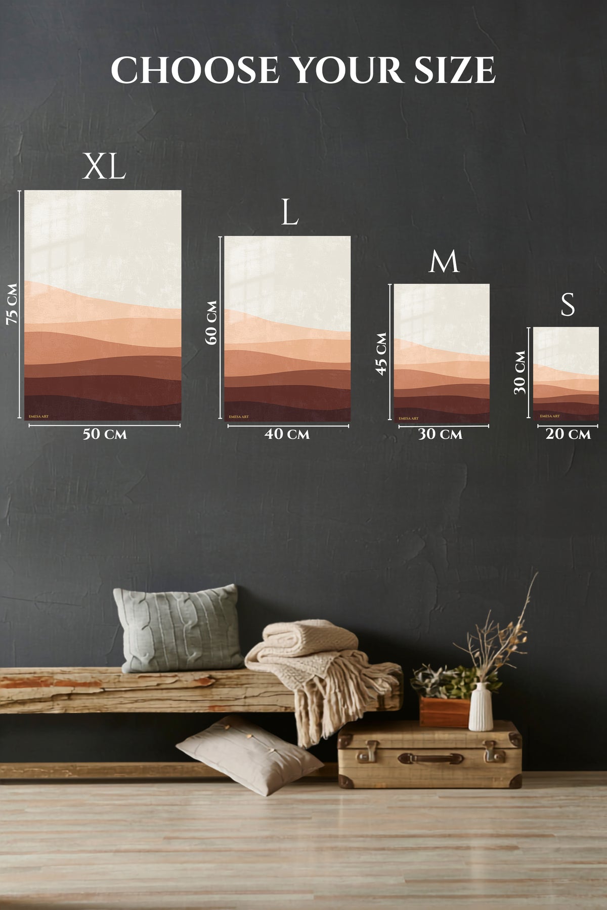 EMESA metal wall art size comparison guide for Earthy Layered Dunes