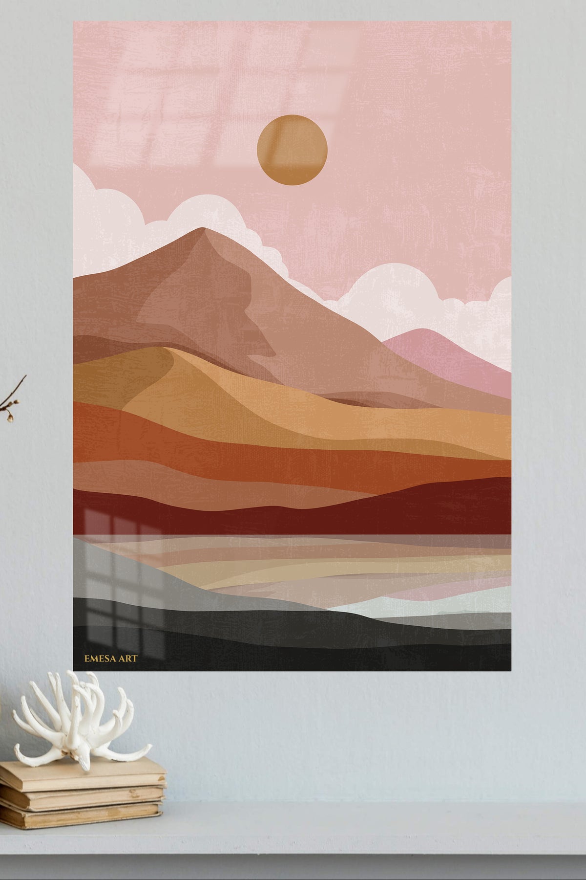 Desert Sun Layered Landscape metal wall art displayed in a modern interior