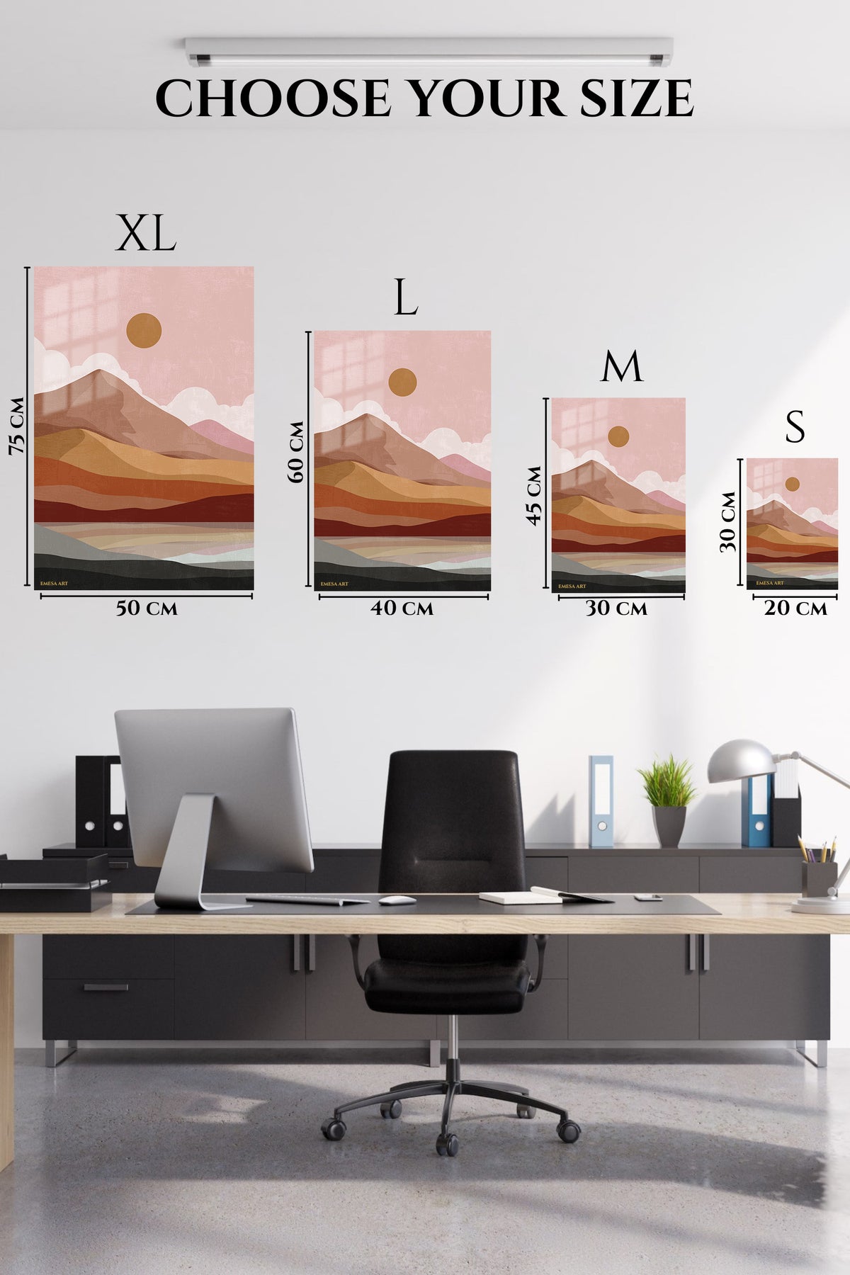 EMESA metal wall art size comparison guide for Desert Sun Layered Landscape