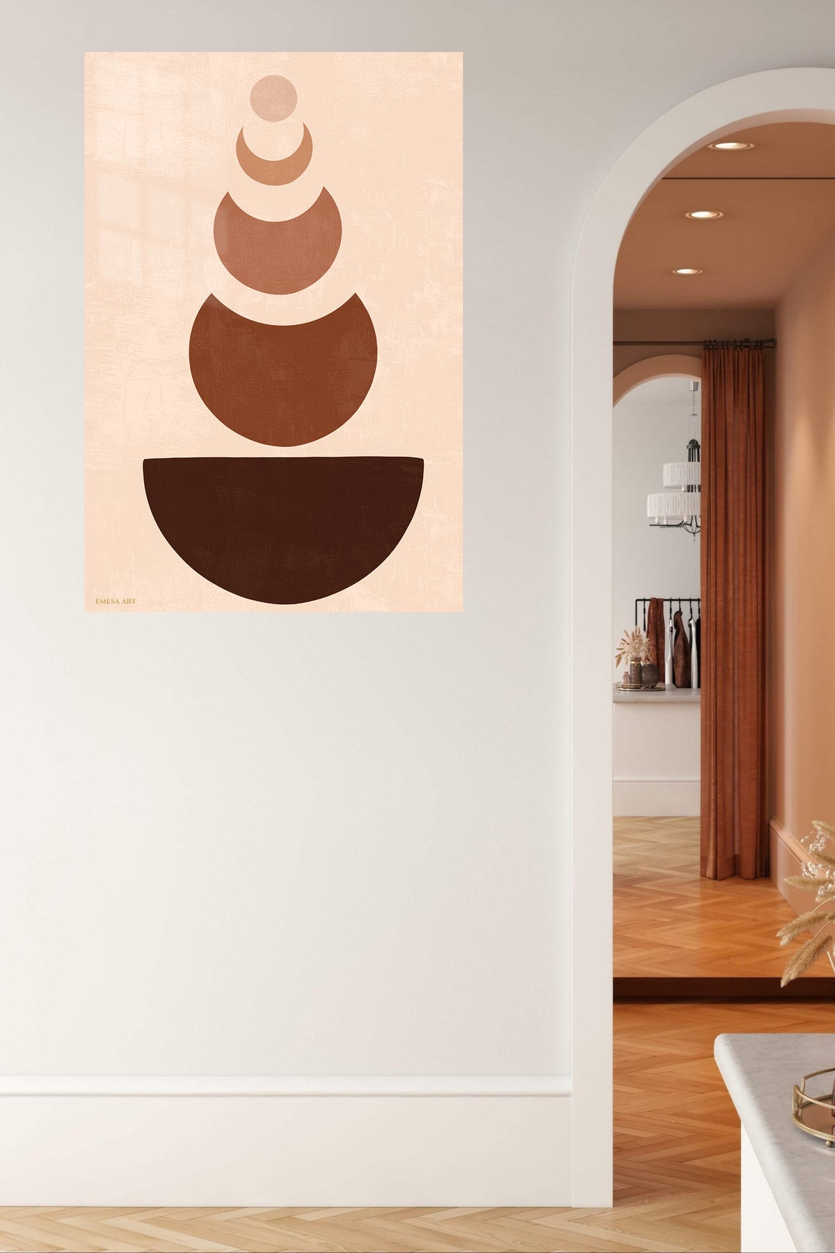 Earth Tone Balance metal wall art displayed in a contemporary living space