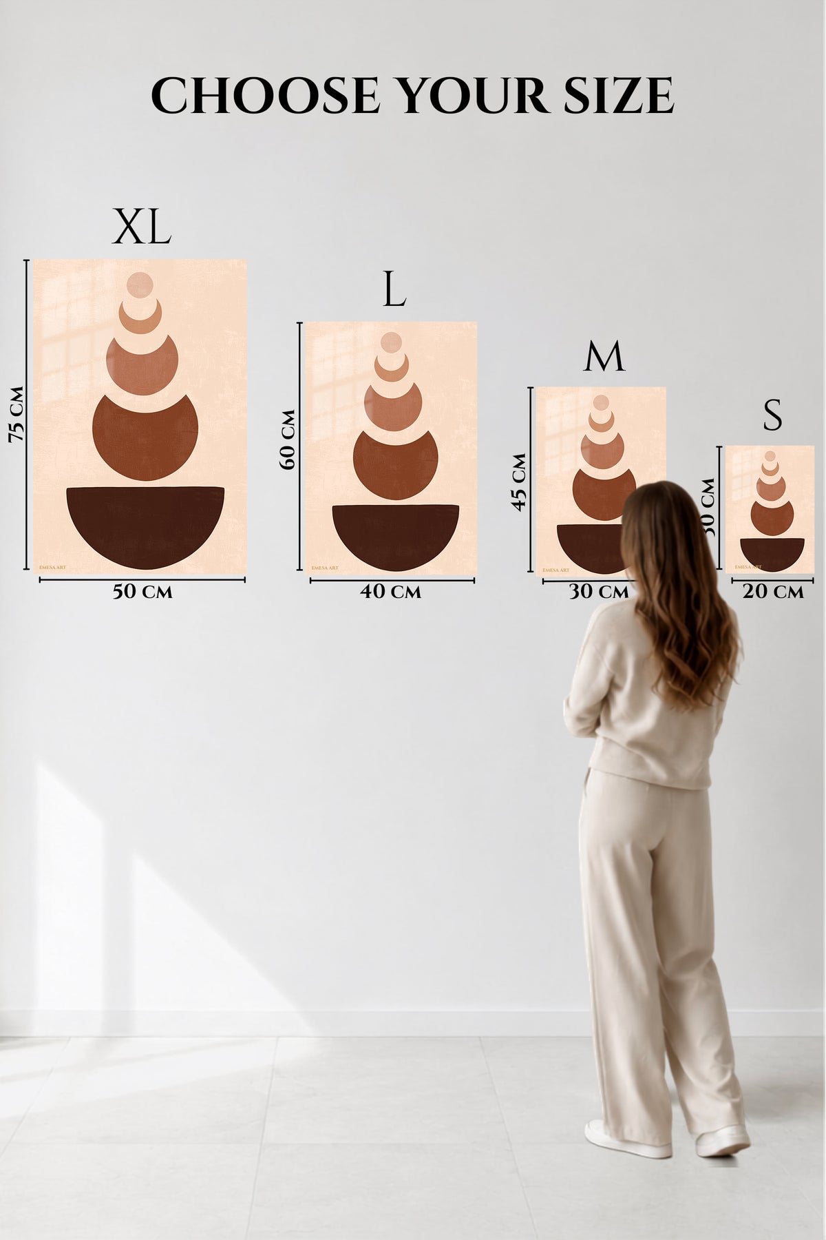 EMESA metal wall art size comparison guide for Earth Tone Balance